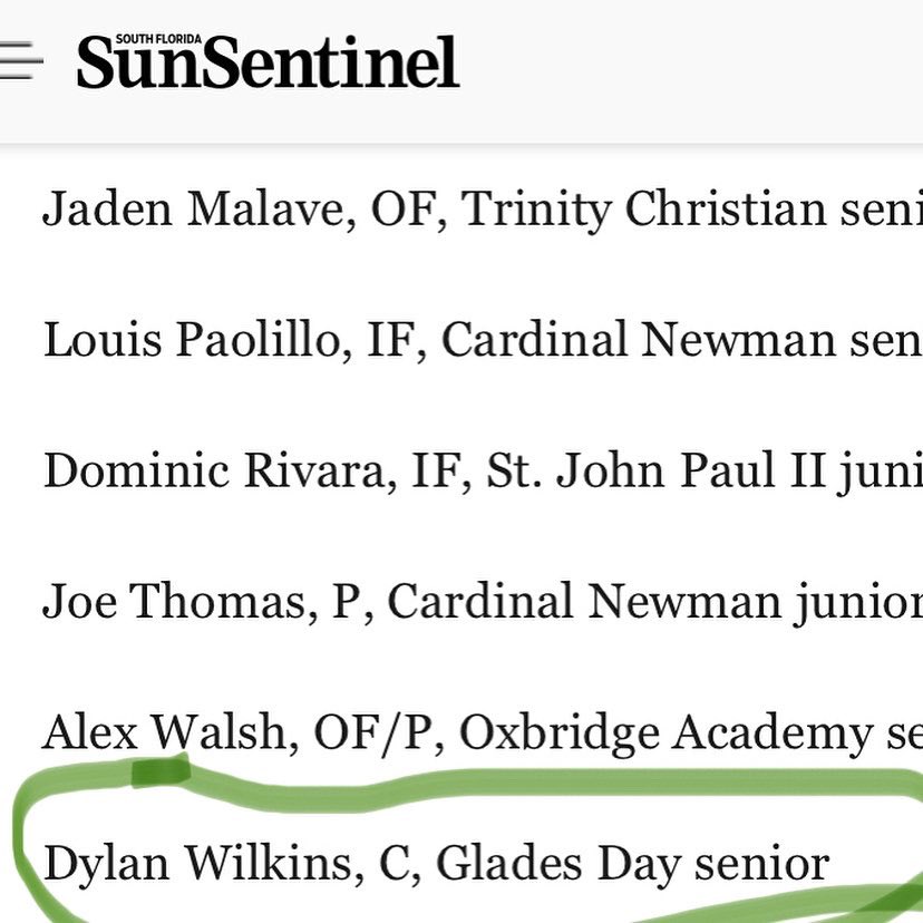 I just want to congratulate my starting first baseman Koda Ivey & starting catcher Dylan Wilkins on making the Sun Sentinel Palm Beach First Team All County Baseball. This is Big news for our Gator Family 🐊⚾️
