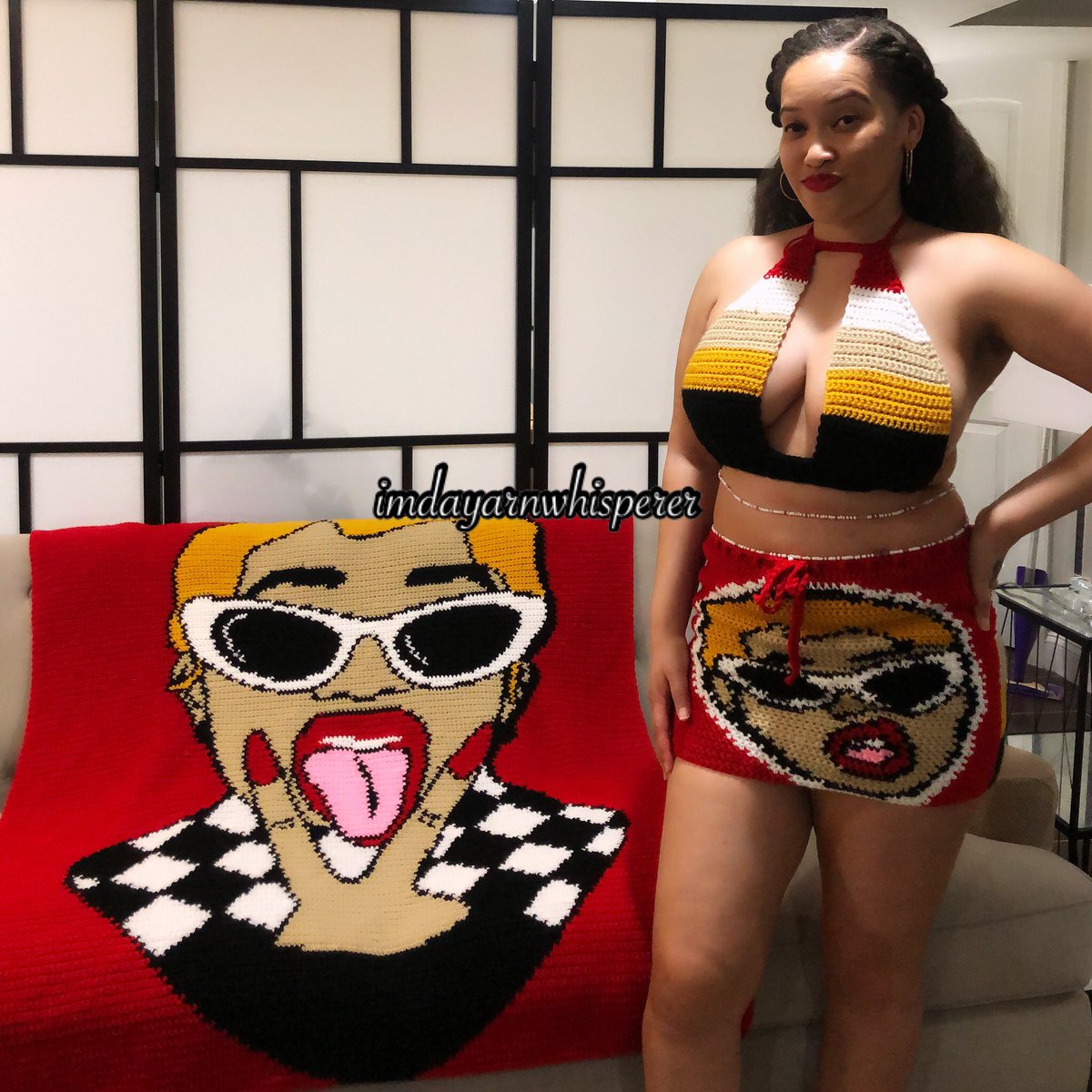 thestitchgod's tweet photo. “I want a certain type of respect on my name.”

Queen of the crochet blankets 🥰(and yes I made my outfit too). https://t.co/8vt0YtQAGV