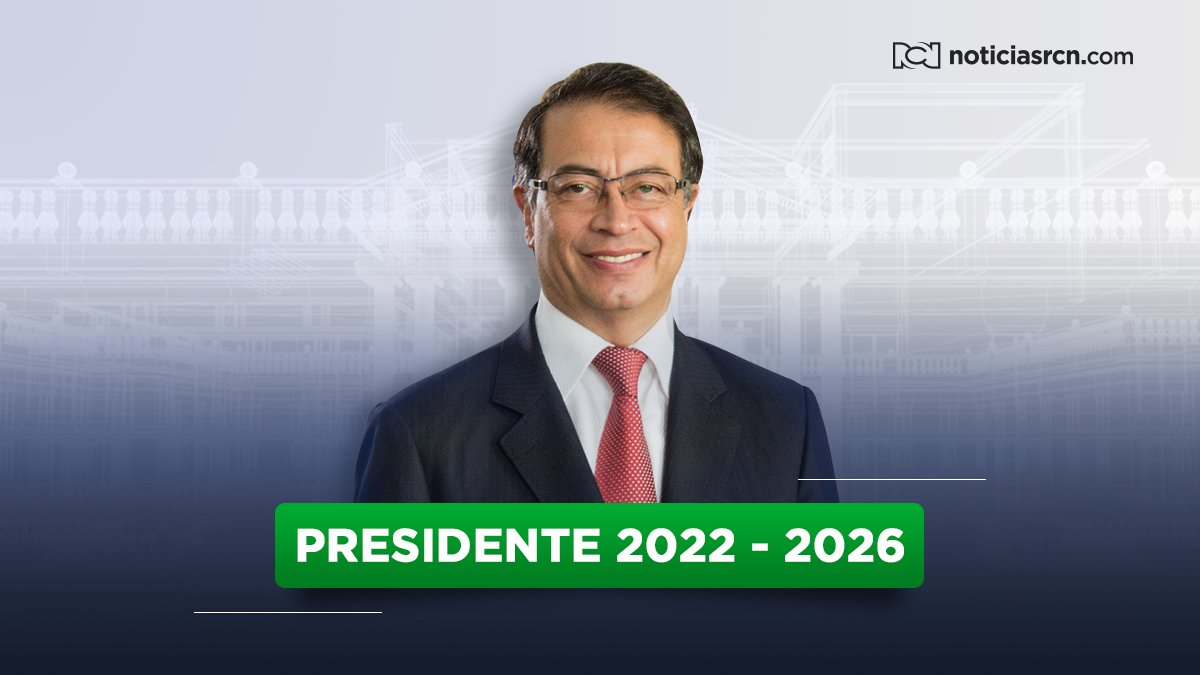 NoticiasRCN's tweet photo. #ATENCIÓN | Gustavo Petro, nuevo presidente de Colombia

Tras el boletín 10 de la Registraduría y con una votación del 50.8%, gobernará al país durante el periodo 2022-2026. #ColombiaElige 🗳️ 

Vea el cubrimiento especial de la jornada en https://t.co/nRsgoLARLr https://t.co/j8d4v4StY5