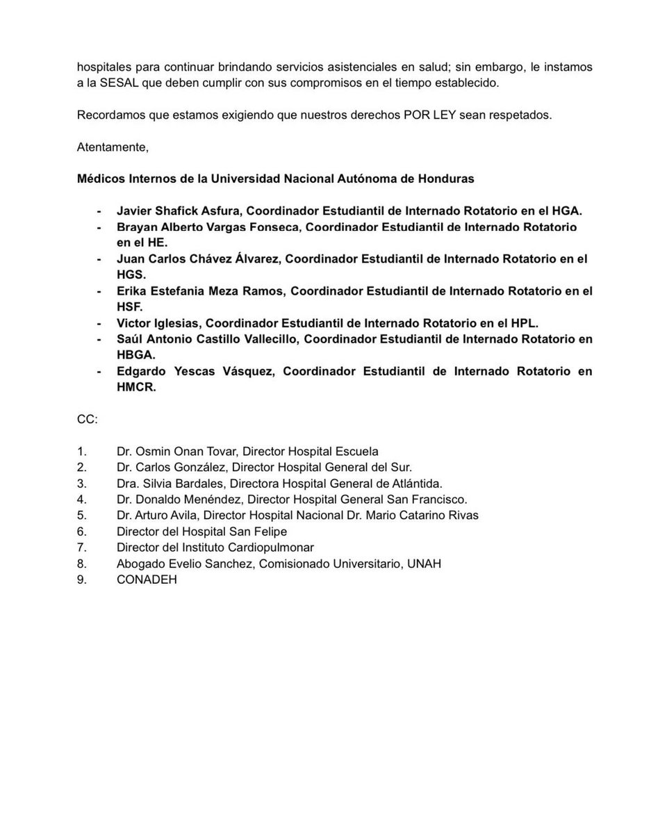 Comunicado Médicos Internos UNAH nivel nacional