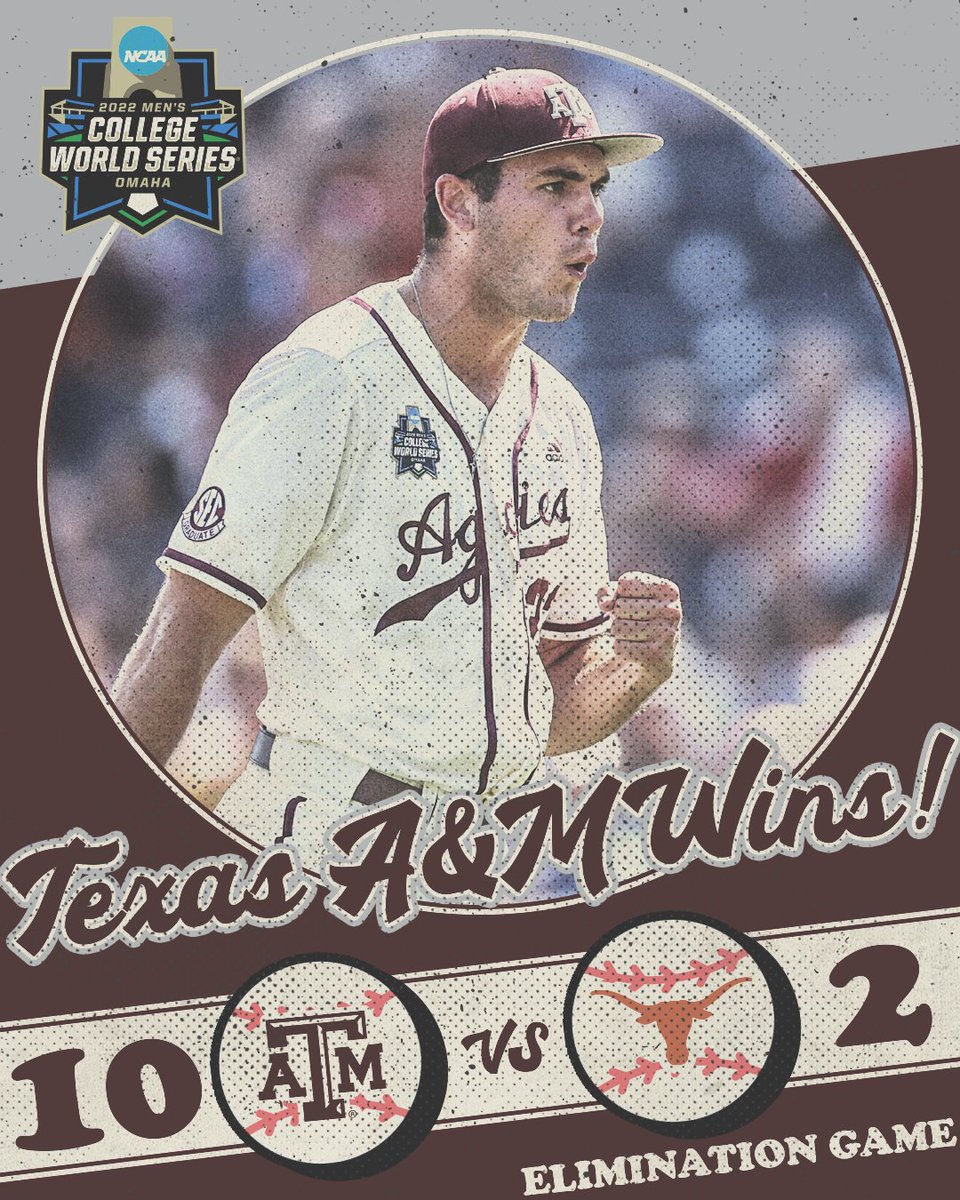 SEC's tweet photo. 𝑳𝒐𝒏𝒆 𝑺𝒕𝒂𝒓 𝑺𝒘𝒆𝒆𝒑 💪

@AggieBaseball wins its 4th straight against the Horns – none bigger than this – as they 𝗲𝗹𝗶𝗺𝗶𝗻𝗮𝘁𝗲 𝗧𝗲𝘅𝗮𝘀 in Omaha!

#MCWS https://t.co/pewTW8uCXW