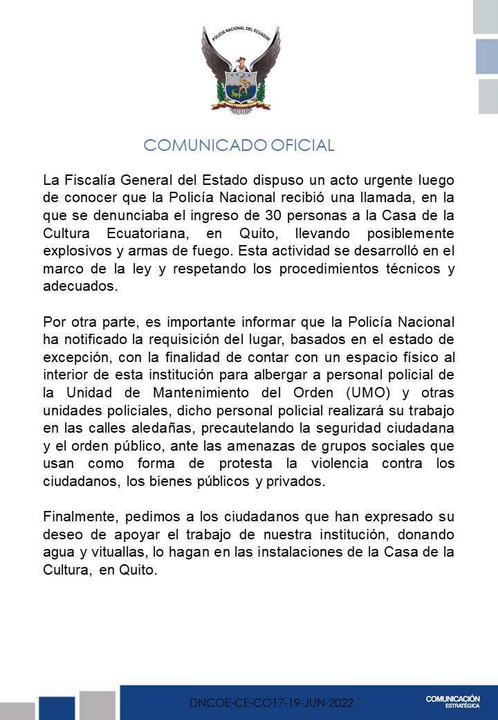 PoliciaEcuador's tweet photo. 𝗖𝗢𝗠𝗨𝗡𝗜𝗖𝗔𝗗𝗢 𝗢𝗙𝗜𝗖𝗜𝗔𝗟 ||

@PoliciaEcuador informa: https://t.co/s4a5X8qRBX