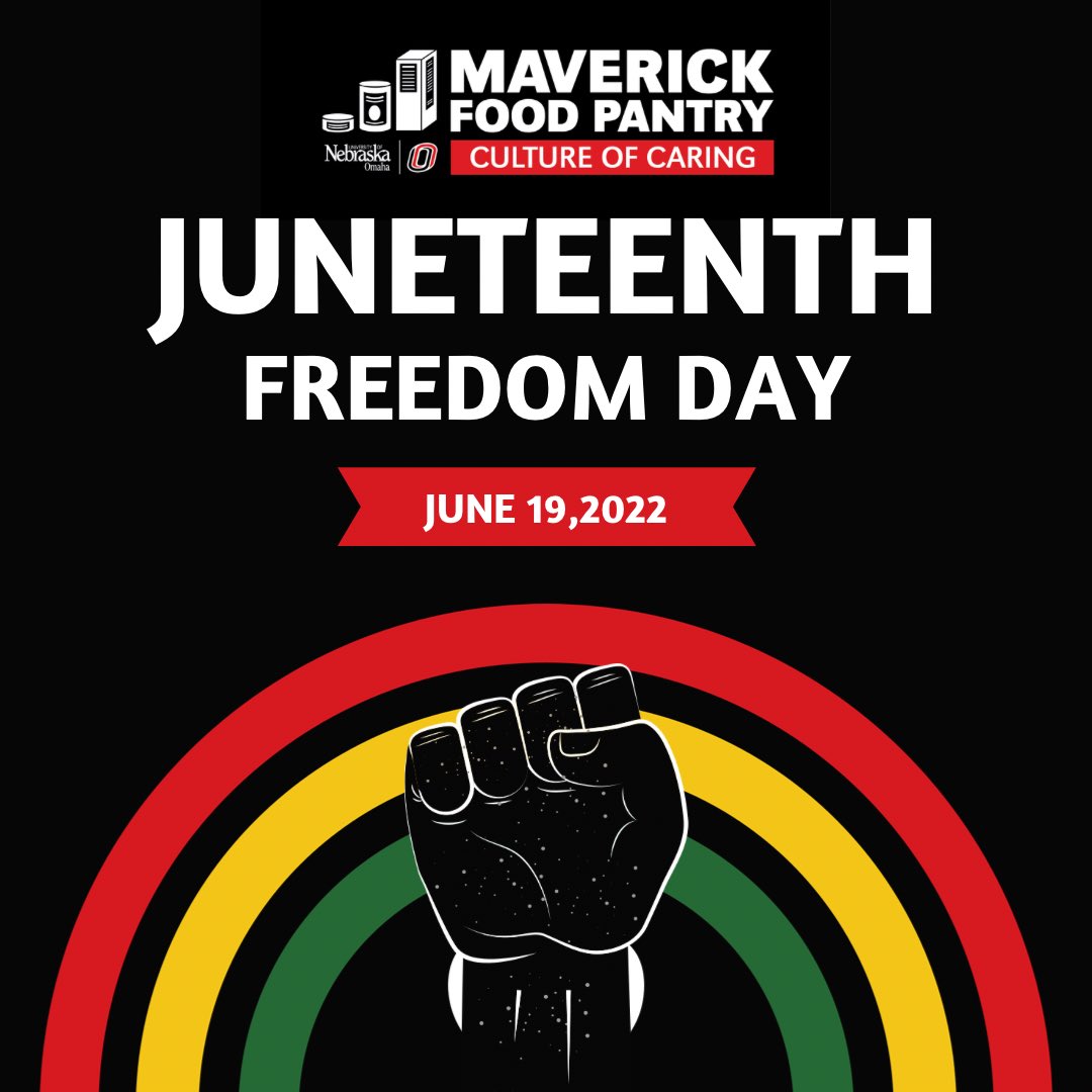 MavFoodPantry's tweet photo. Happy Juneteenth! As we commemorate this holiday, we recognize and reflect on the importance of community care. Today and everyday, we work to make the Maverick Food Pantry a safe place that resists anti-Black racism and celebrates the Black community. https://t.co/o3pWNPYm9L