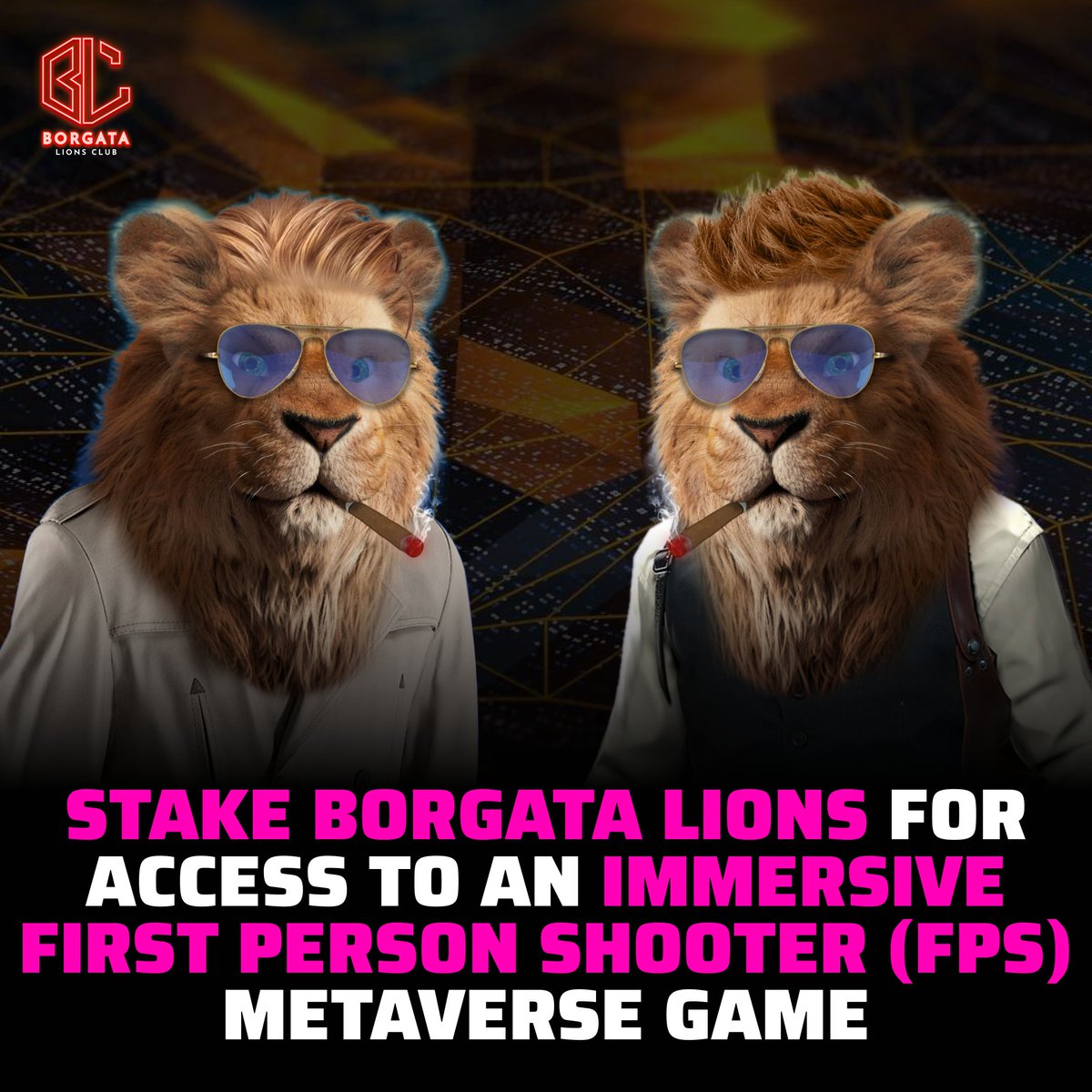 BorgataClub's tweet photo. Stake Borgata Lions for access to an immersive first person shooter (FPS) Metaverse game.

#borgatalionsclub #nft #NFT #NFTS #cryptoart #bayc #apesinspace #fatapeclub #partyapes
#NFTcollector #modernart #crypto #3Dart #digitalillusions https://t.co/NQOCkiLJux