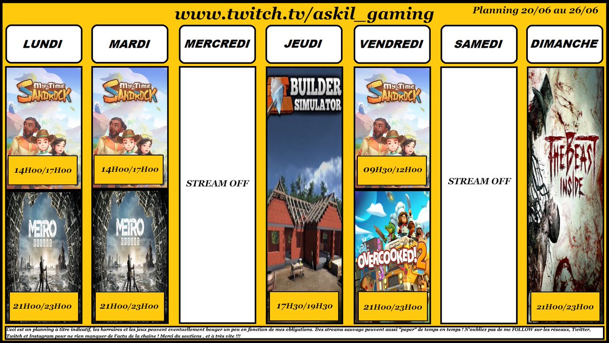 Askil_Gaming's tweet image. 🗓️Planning de la semaine , peut être un changement vendredi soir à confirmé. Au programme #MetroExodus , #MyTimeatSandrock, #BuilderSimulator, (normalement) #overcooked2 et #TheBeastInside qu&apos;on finira peut être ;) #twitch #twitchfr #TwitchStreamers