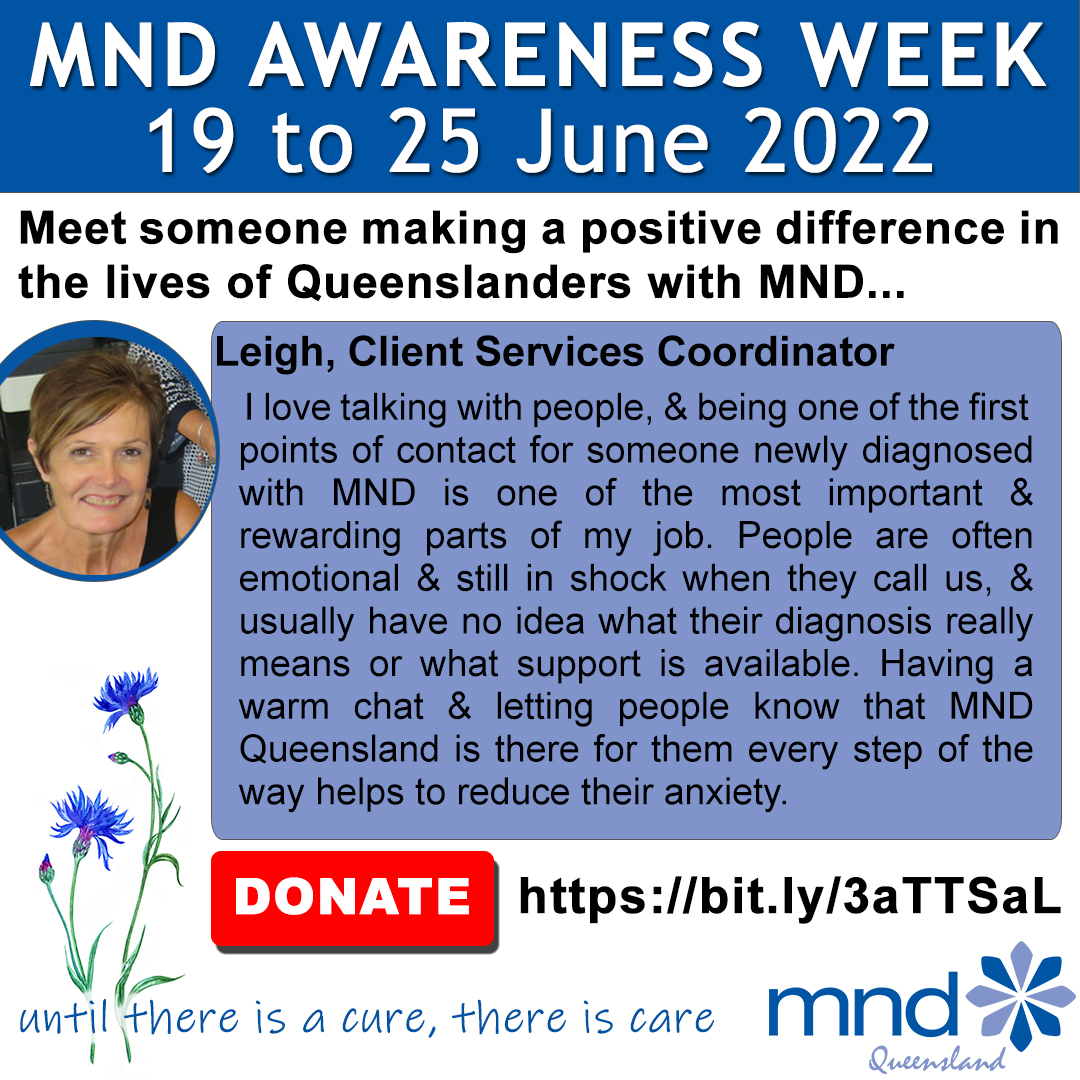 MNDQueensland's tweet photo. This #MNDAwarenessWeek we're sharing posts about some of our fantastic team who make such a difference in the lives of Queenslanders impacted by Motor Neurone Disease. Support us by donating at https://t.co/ZGtolTunn9 https://t.co/OZ1Y8Lnh0A