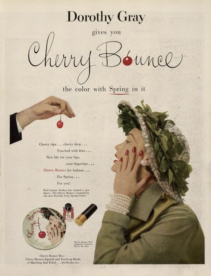 MakeupMuseum's tweet photo. To promote their new Cherry Bounce shade, in 1950 Dorothy Gray offered a free ticket to any Fred Astaire studio with the purchase of a lipstick/polish set so customers could learn the Cherry Bounce dance. Really wish I could have seen it! #DanceMW #MuseumWeek22 🍒💃🏻 https://t.co/EECZhfDLFP