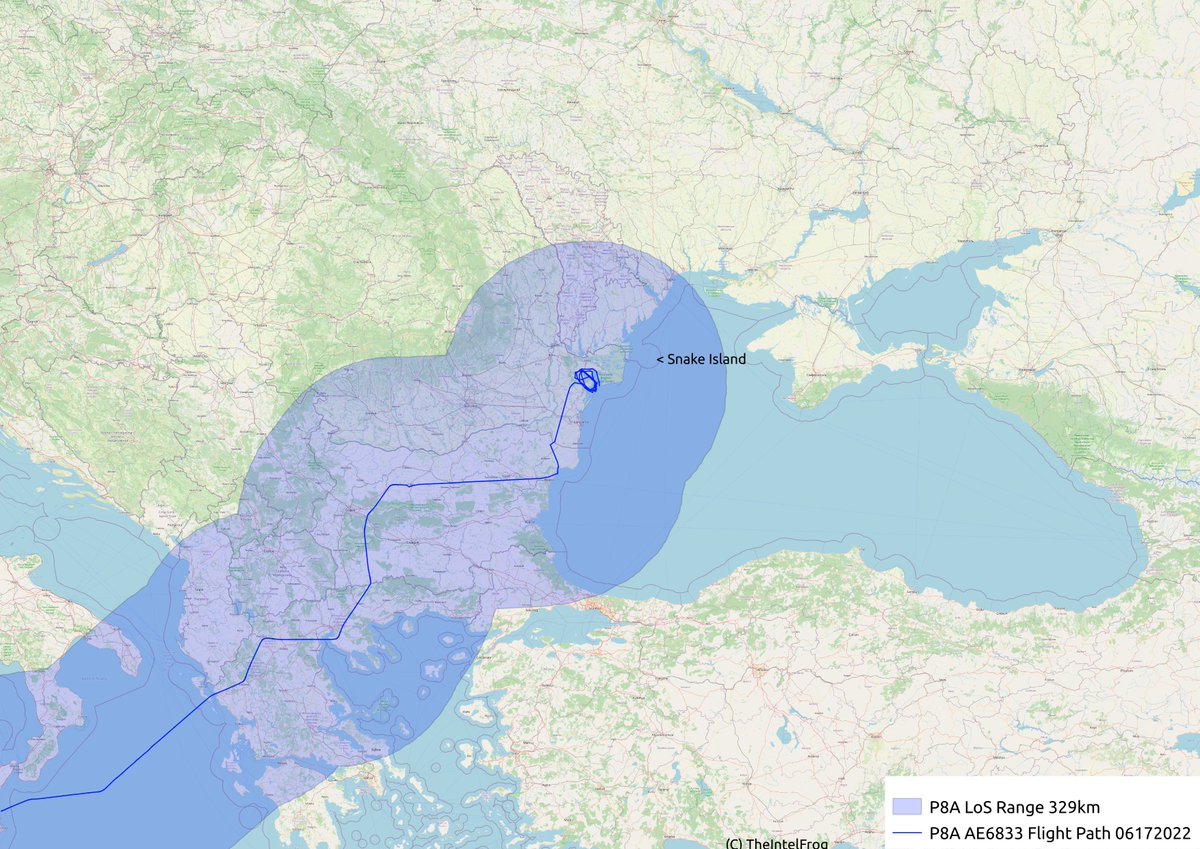 TheIntelFrog's tweet photo. 6 hours after the strike on the Russian tug Vasiliy Bekh, a US P-8A Poseidon #AE6833 flew a sortie along the west coast of the Black Sea.

The area around Snake Island was well within it's sensor range at FL300.  

Thanks to @ameliairheart for the help here. https://t.co/MIfxy6xroS