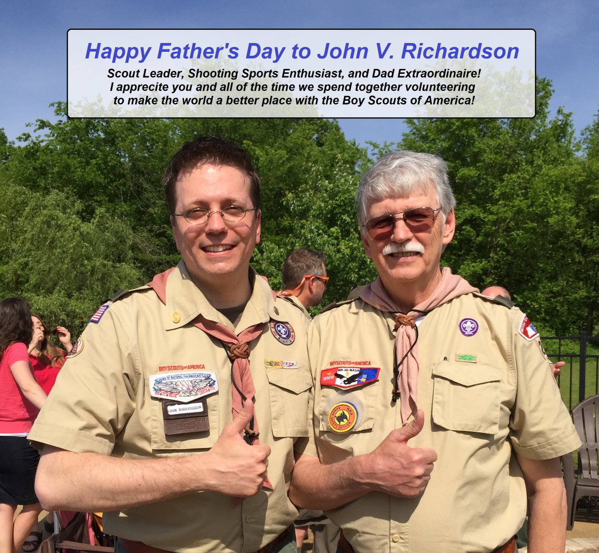 NashvilleJDR's tweet photo. Happy Father's Day to my fantastic father, John V. Richardson!

I love you dad and I appreciate all of the time we spend together serving others and having fun through our involvement with the Boy Scouts of America!

#HappyFathersDay #ScoutingIsFun #BePreparedForLife https://t.co/I7ETjlf8XH