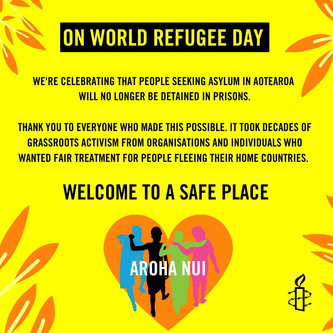 AmnestyNZ's tweet photo. HAPPY WORLD REFUGEE DAY 2022! 
Today we want to celebrate that people seeking asylum in Aotearoa will no longer be detained in prisons.
Thank you to everyone who made this possible❤️
#WorldRefugeeDay https://t.co/IWeahijq9m