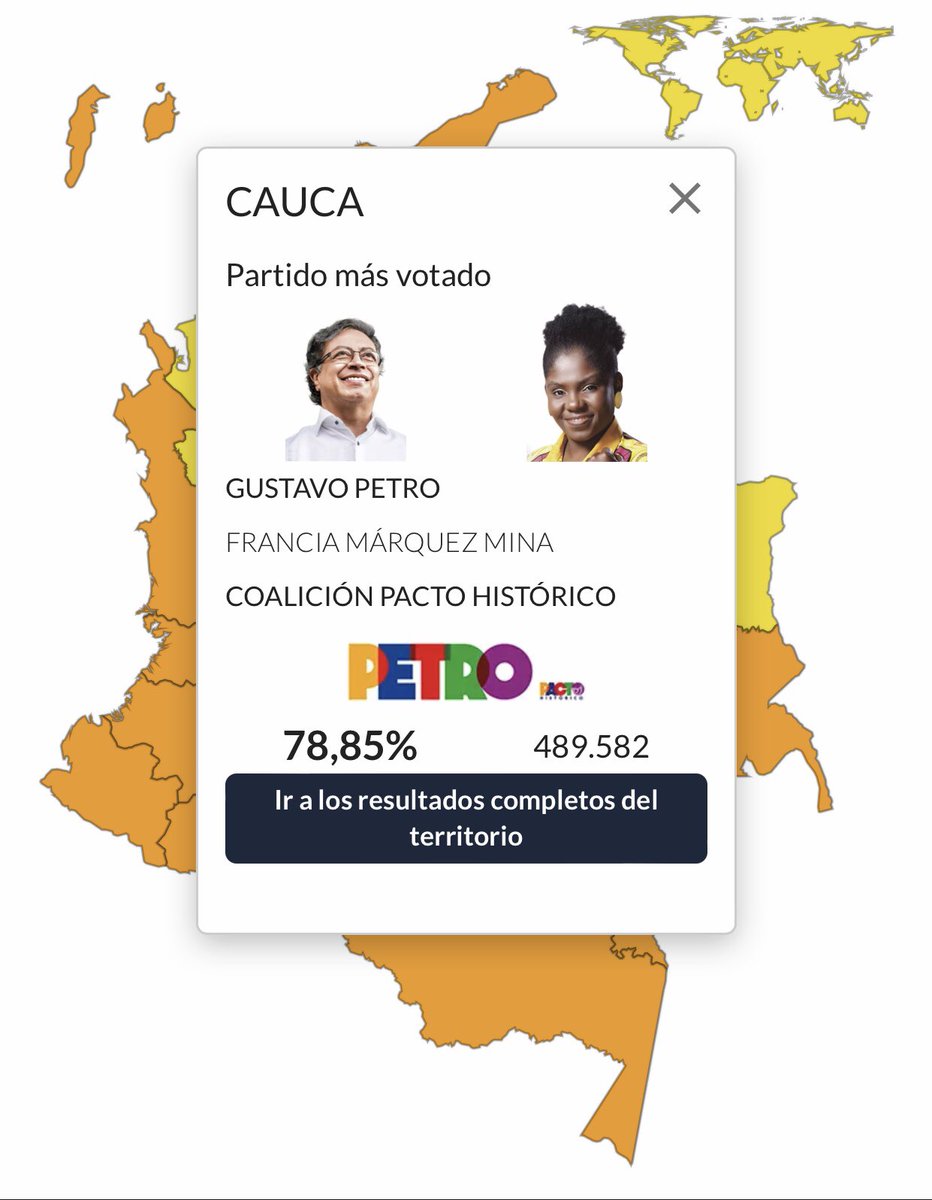 Mi Cauca nunca decepciona y bueno, otras regiones hoy lo hicieron tambien. Aquí estoy llorando. ¡Llorando mucho de felicidad!
#PetroEsPresidente 
LO LOGRAMOS
✊🏾✊🏽✊🏼
💛💙❤️