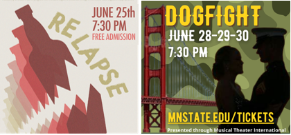 actupshows's tweet photo. Not one, but TWO ACT UP MUSICALS this month at the Roland Dille Center for the Arts!
💜"RELAPSE" June 25, 7:30 - Event page:   https://t.co/qqoV4Q4yAR
💚"DOGFIGHT" June 28, 29, 30, 7:30 - Tix: https://t.co/e2TQo2mrOa or call 218-477-2271 or visit 801 13th St S Moorhead, M-F 10-2 https://t.co/kzORGKuyw7