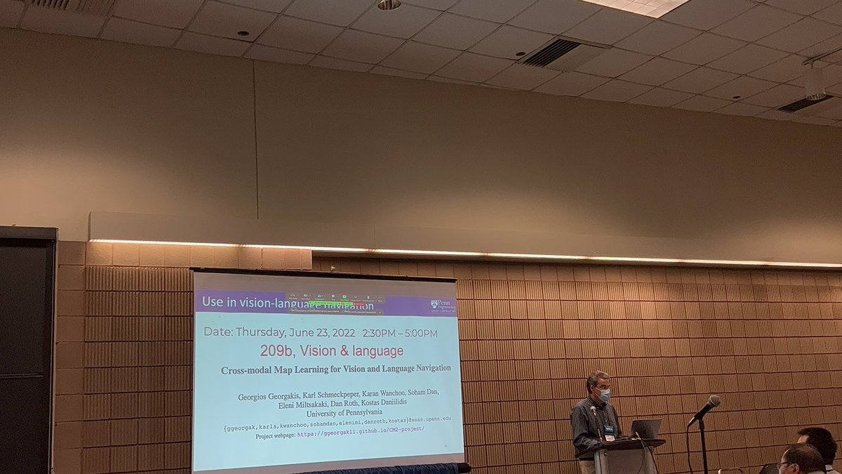WanchooKaran's tweet photo. Excellent talk by Professor @KostasPenn at @CVPR on Semantic SLAM and Vision &amp; Language Navigation (VLN) today as the conference unfolded on Day-1! Stay tuned for our *Poster presentation on VLN on Thursday (June 23) afternoon* at the venue!! #cvpr2022 https://t.co/wOvjQF4SOo