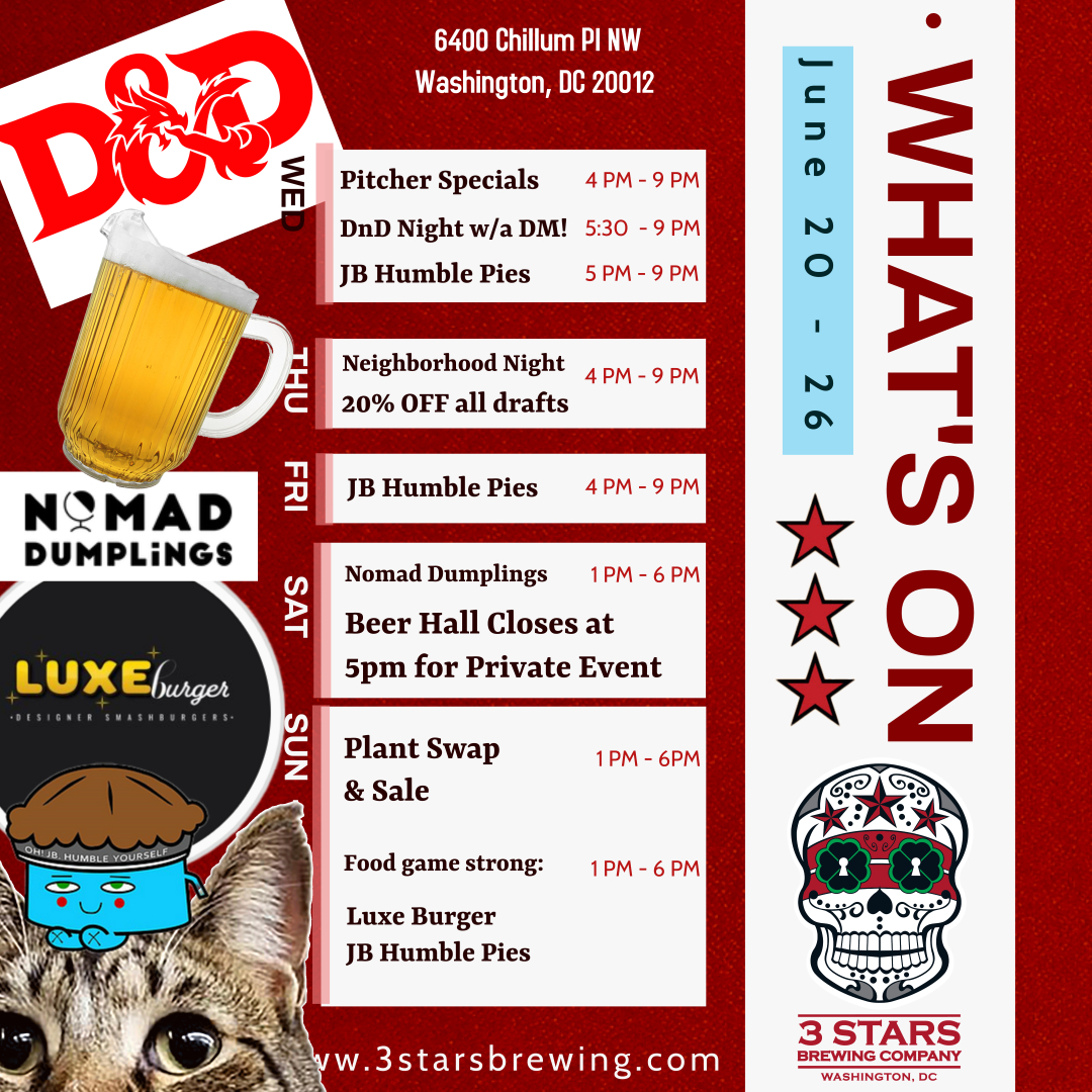 Weekly events in a nutshell: 
Open Mon, 1-6pm. Patiotastic weather &amp; cold beer.
Wed: DnD night.
Thu: 20% off pints!
Fri: School of Rock are back! 3-4pm. Watch budding musicians in Beer Hall. 
Sat: Closing Beer Hall at 5pm for a wedding!
Sun: PLANT SWAP &amp; sale day.