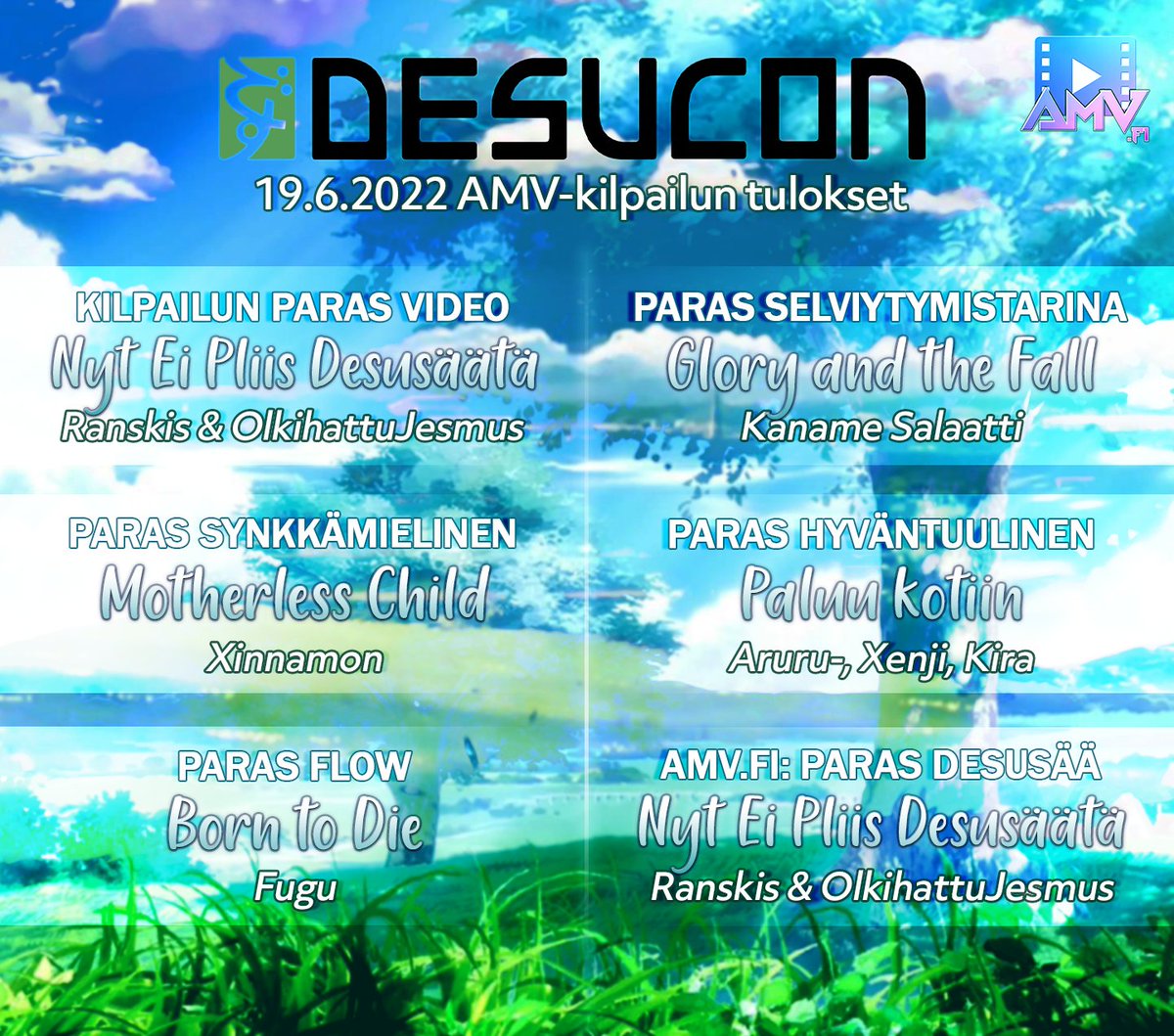 Desucon 2022 AMV-kilpailun voittajat! Yleisöäänestyksen voitti Ranskis &amp; OlkihattuJesmus - Nyt Ei Pliis Desusäätä
💚 Onnea voittajille! 💚