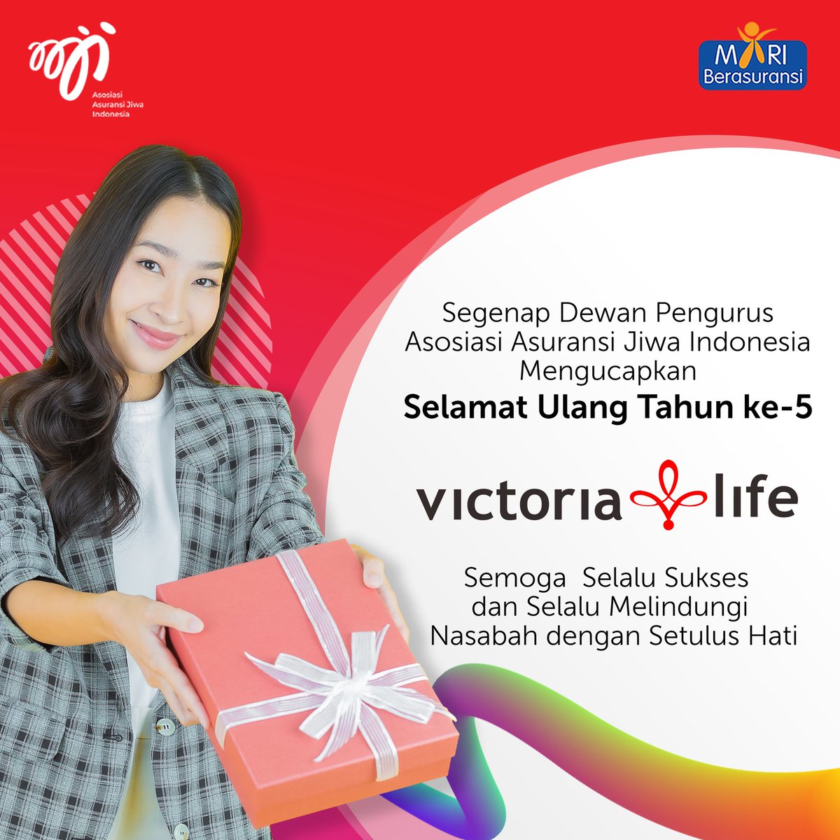 aaji_official's tweet photo. Segenap Dewan Pengurus Asosiasi Asuransi Jiwa Indonesia mengucapkan
Selamat Ulang Tahun ke-5 untuk Victoria Life Indonesia.
Semoga selalu melindungi nasabah dengan setulus hati dan mendukung perkembangan Industri Asuransi Jiwa Indonesia!🤍
#victorialife #pahamiperlindunganmu https://t.co/t5o9BFQnDD