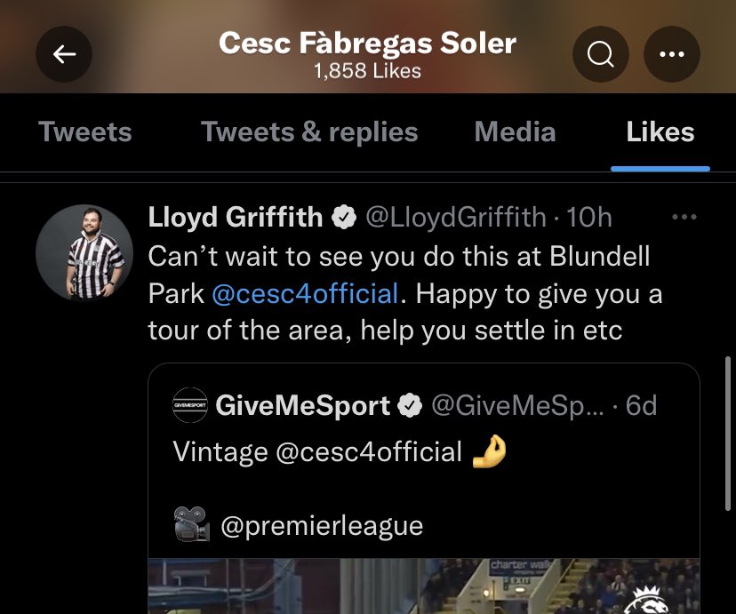 MikeyTalkSport's tweet photo. Cesc Fabregas CONFIRMS his move to Grimsby?! He has liked a tweet by Lloyd Griffith linking him to the club 🚨👀 #Mariners #CFC https://t.co/r6xd2VyORL