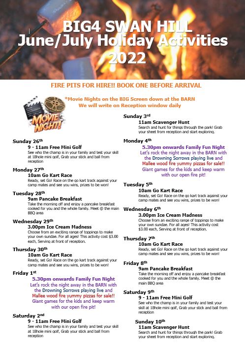 Winter school holiday's are not far away and we have you covered to keep you all nice, toasty &amp; warm
🔥🔥🔥🔥
Accommodation &amp; sites still available!! 
BOOK NOW: big4.com.au/.../murray/swa…