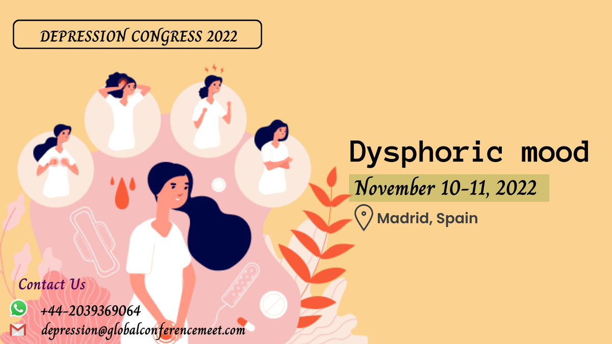 Depression_Meet's tweet photo. #Dysphoric mood is a consistent state of profound #unhappiness #dissatisfaction Symptoms are #discontent #irritability #stress #aggression #feelings of #anger #guilt #failure

Whatsapp  +44-2039369064

#internationalevent #topevent #globalconference #wdc2022 #depressioncongress https://t.co/NEIM01aGmg