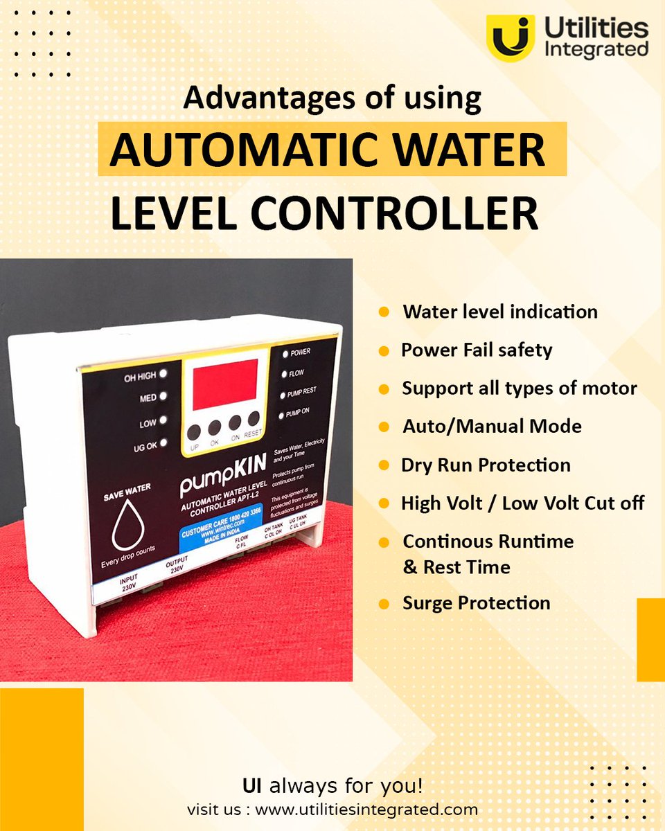 UtilitiesInte's tweet image. Use Automatic Water Level Controller to stop the water from overflowing from your water tank when it gets filled.
Check out the advantages of using it and follow us to know more.

#automaticwaterlevelcontrol #automaticwaterlevelcontroller #watertank #utilities #Chennai