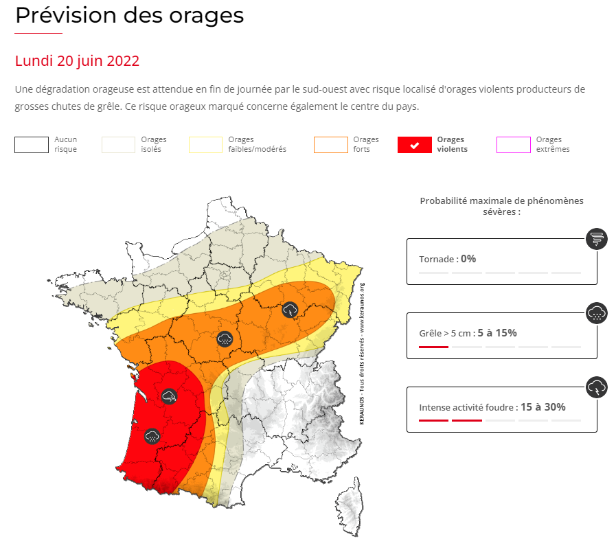 Des #orages à nouveau violents devraient éclater sur le sud-ouest du pays ce soir. Un risque orageux se maintient en journée sur le centre de la France : 