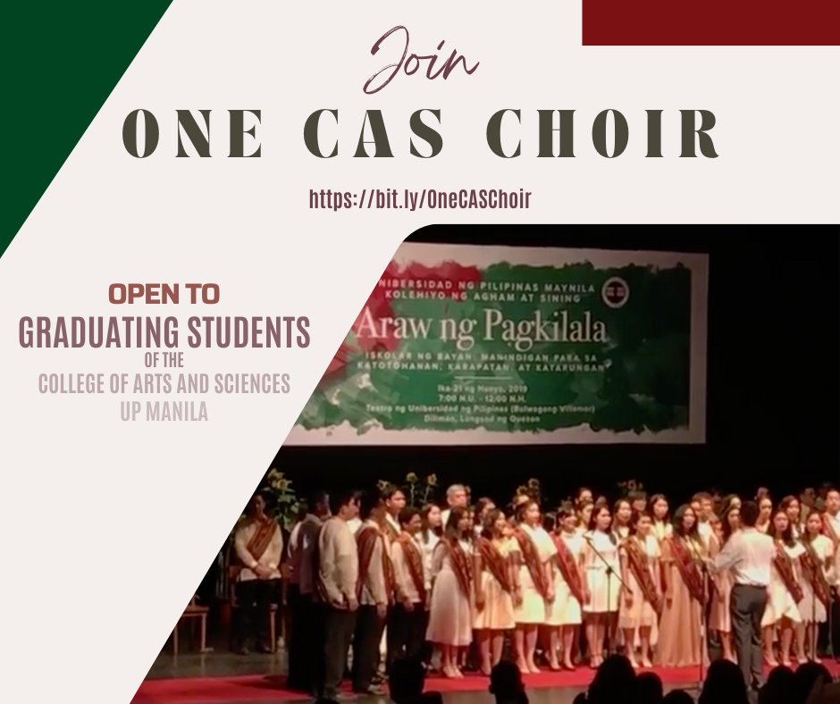 UPM_Biorhythm's tweet photo. 📢 CALLING ‼️
ALL GRADUATING CAS STUDENTS 👀

Auditions for ONE CAS CHOIR are NOW OPEN!

One Cas Choir is the official chorale group formed annually to sing at the CAS Recognition Rites. Join us for the event!

Congratulations, graduates! 🎉

Register at https://t.co/8hgubh8H5Q https://t.co/USQDuHQpHI