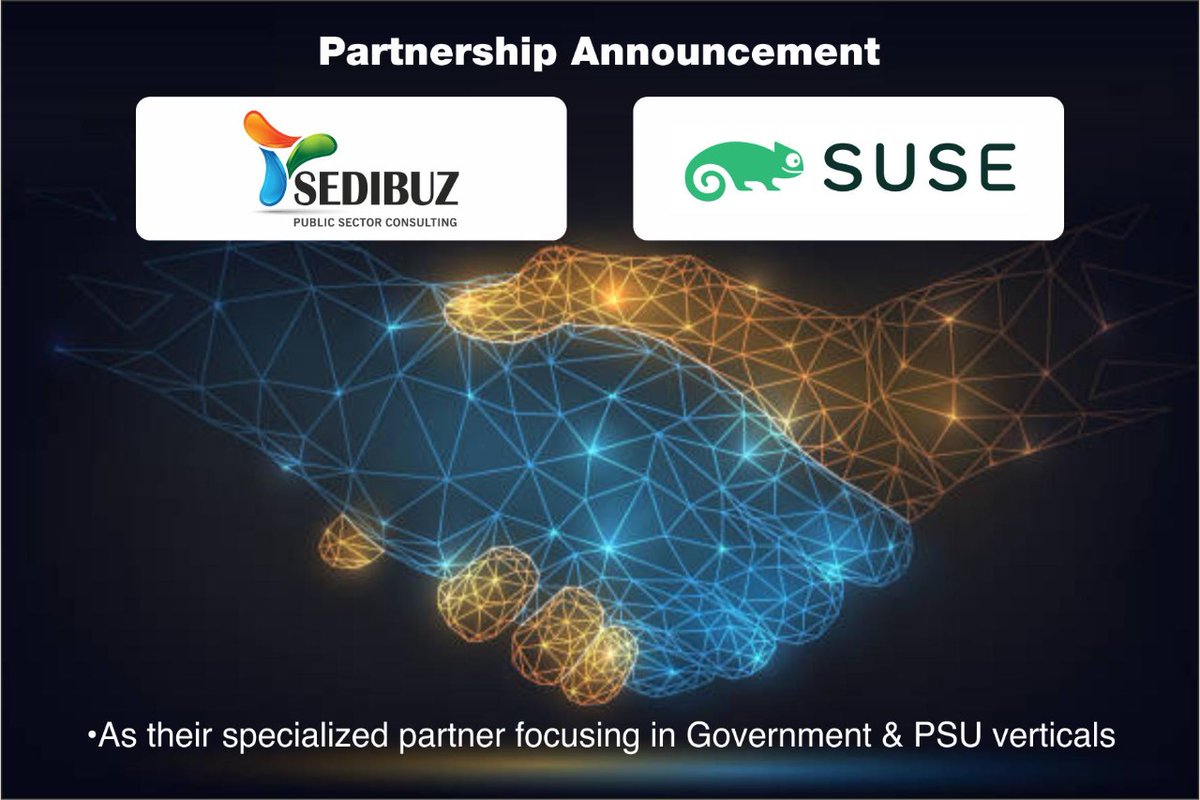 Happy to share Partnership Announcement - <a href="/sedibuz/">Sedibuz Public Sector Consulting</a> &amp; <a href="/SUSE/">SUSE</a> join hands.  

#latepost #Sedibuz #suse 
#suserancher #opensource #consulting #opensourcecommunity #opensourcedevelopment #openinnovation #itdevelopment #itdepartment #itsoftware #consulting #publicsectorinnovation