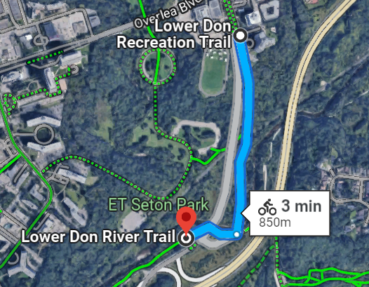 mcol_'s tweet photo. @BicycleMayorTO @EGBrickWorks @torontolibrary @KidicalMassTO @Strava @googlemaps I love this. Alternatively, there is the new multi-use pathway east of Don Mills, south from Flemingdon Park.
The small set of stairs near the bridge means it's not a barrier-free route, however. https://t.co/MxE2KYeBC6