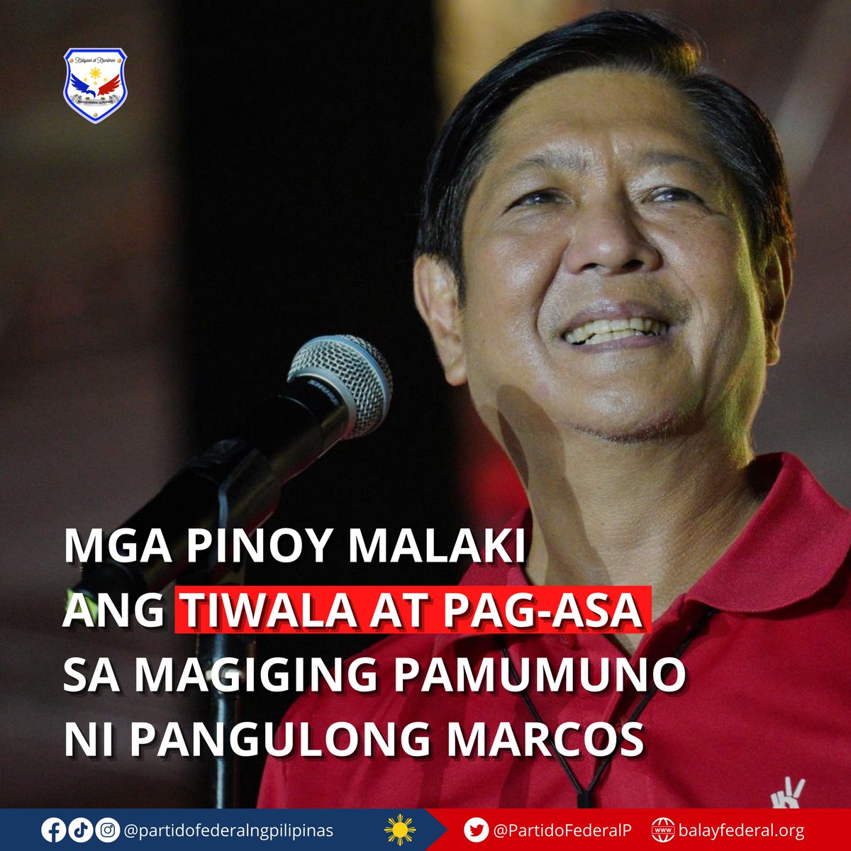 PartidoFederalP's tweet photo. Filipinos are optimistic in the incoming leadership of President-elect @bongbongmarcos.

Read more: https://t.co/XeVSXAYfTf

#PartidoFederalngPilipinas https://t.co/LtKu2cCUqe