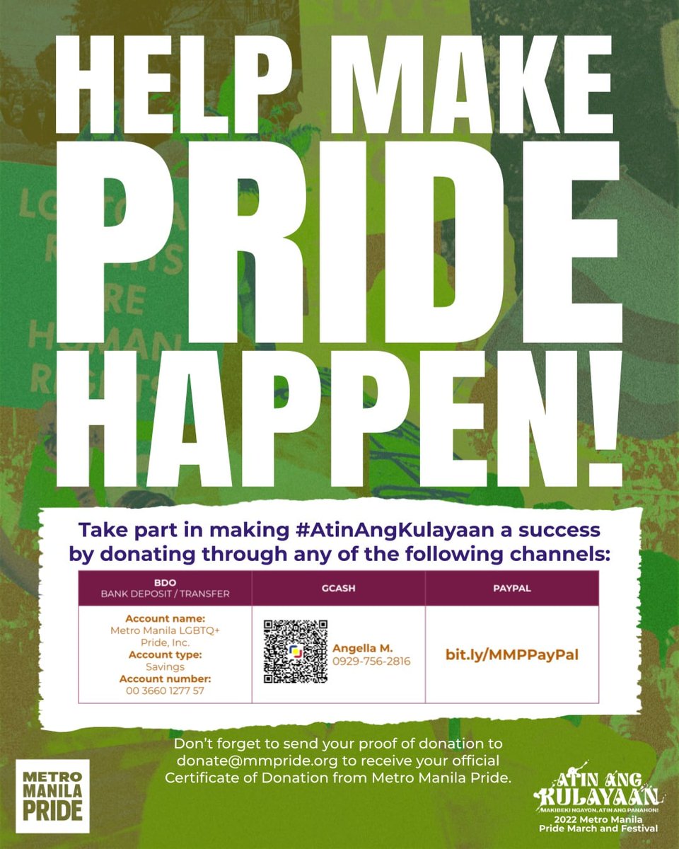 Ang Metro Manila Pride March ay libre para sa lahat!

Pero siyempre... Kailangan natin ng funds para masigurado na maisaayos natin ang lahat, tulad ng staging, safety, security, volunteer care, atbp. But, we can all make #AtinAngKulayaan happen sa CCP Open Grounds on June 25!
1/3