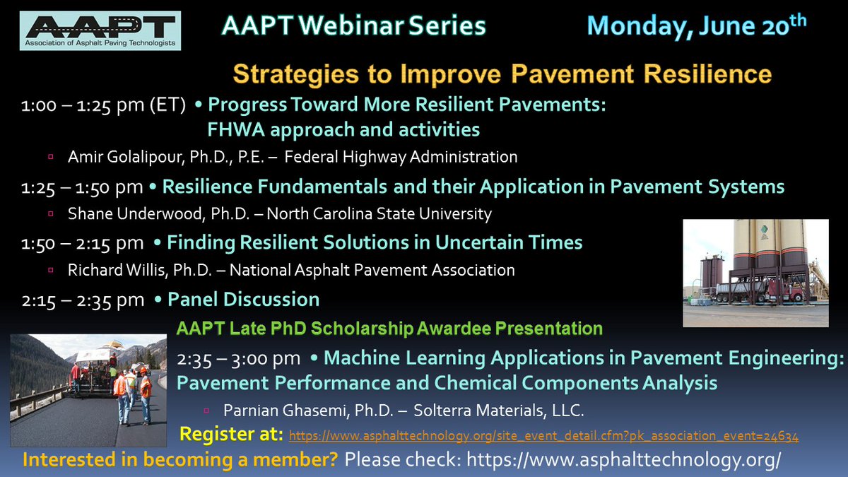 AsphaltTech's tweet image. The #AAPT2022 June webinar is happening in few hours (Monday June 20, 2022 at 1:00 pm ET)! 
The #webinar will elaborate on strategies to improve pavement &quot;Resilience&quot;.
The webinar is free however you need to register via: lnkd.in/ejKZZfmM

#asphalt #resilience #pavements