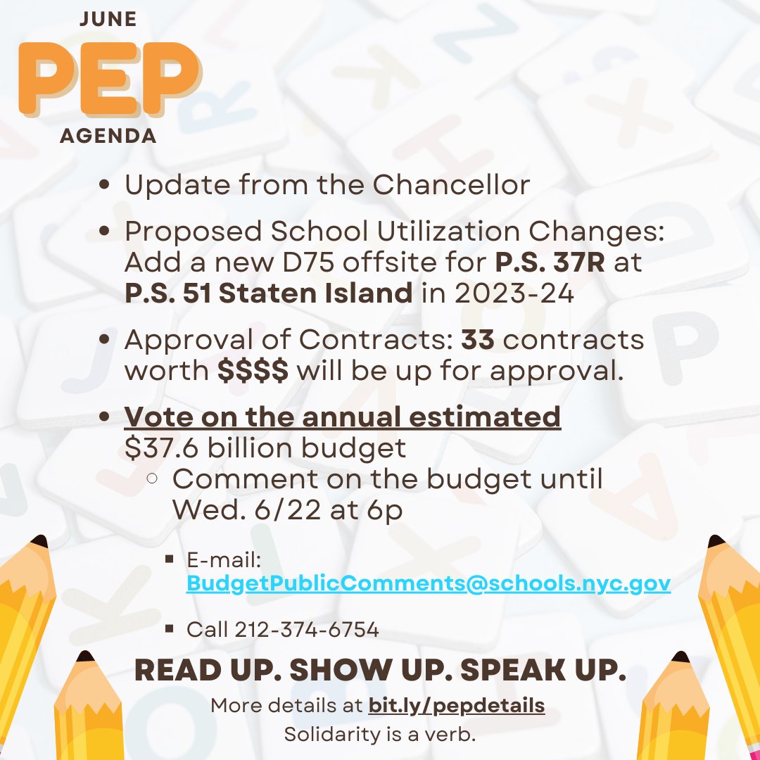 UPDATE: The PEP's online!!

The Panel for Educational Policy replaced the Board of Ed in 2002; is part of the city governance to maintain public schools &amp; is responsible for approving policies, standards &amp; objectives that directly align w academic achievement.

🍎💡🍎💡🍎💡🍎💡🍎