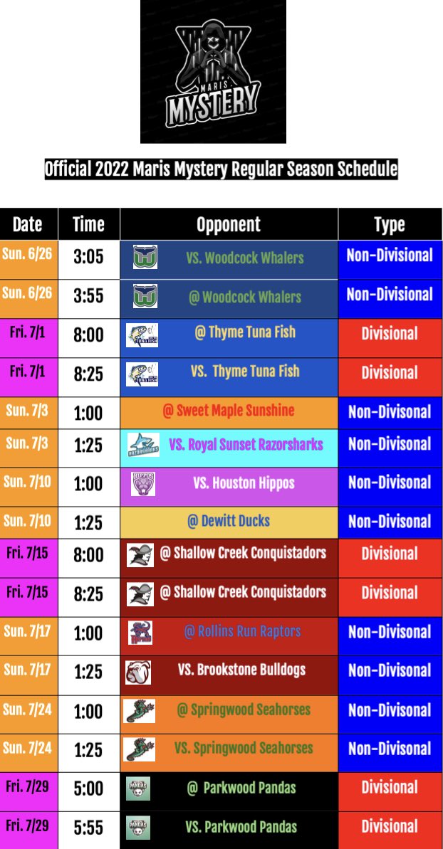 Here is The Official 2022 Regular Season Schedule for your WMLW defending champs. 2021 Finals rematch double-header to kickoff the season against the <a href="/WoodcockWhalers/">Woodcock Whalers</a>.