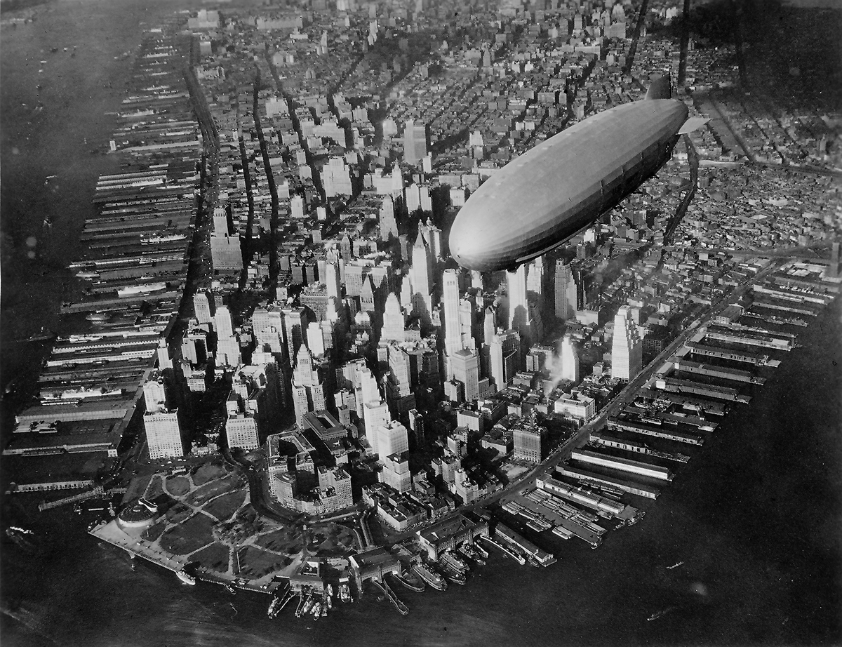 The airship USS Akron over Manhattan in the early 1930s.
