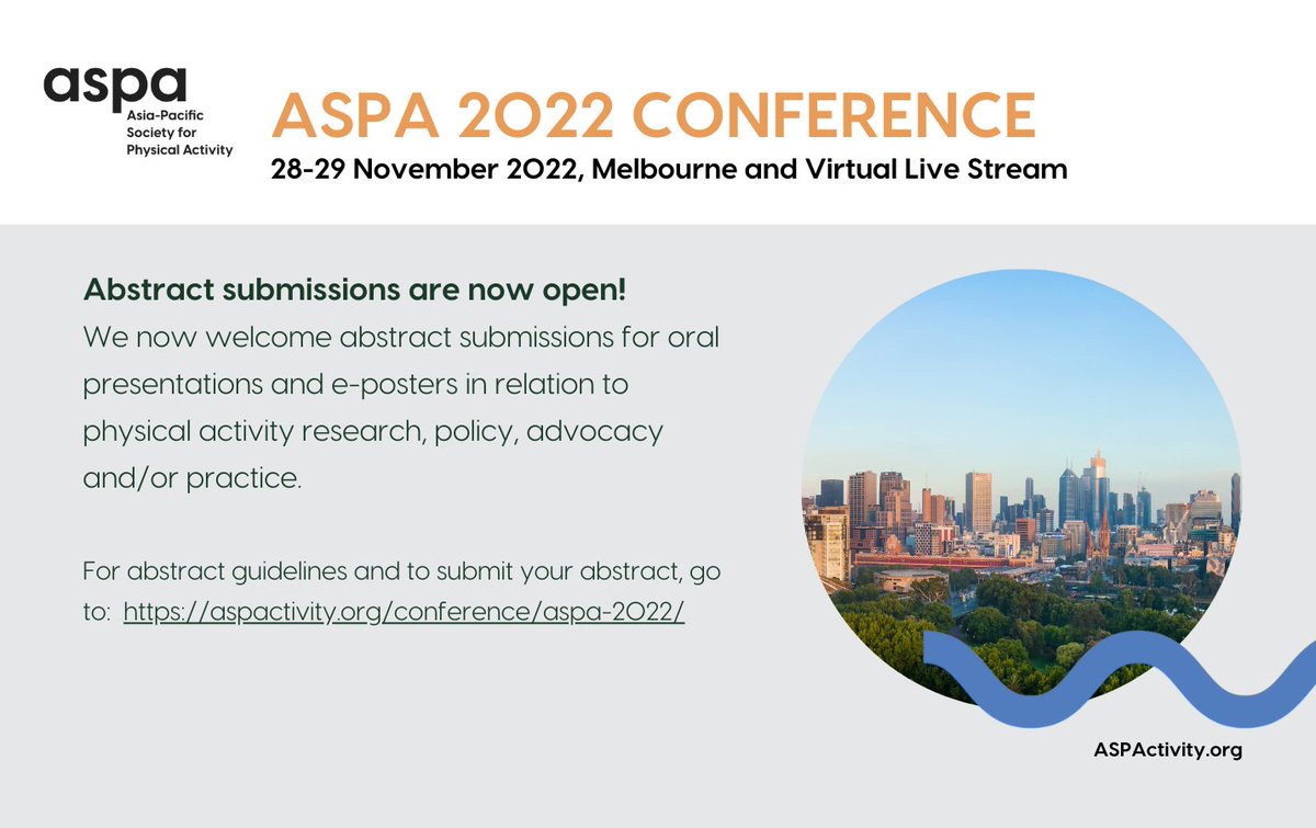 📢#ASPA2022 – First call for abstracts!  
We welcome abstract submissions for oral presentations and e-posters in relation to #physicalactivity research, policy, advocacy and/or practice.  

More info: aspactivity.org/conference/asp…