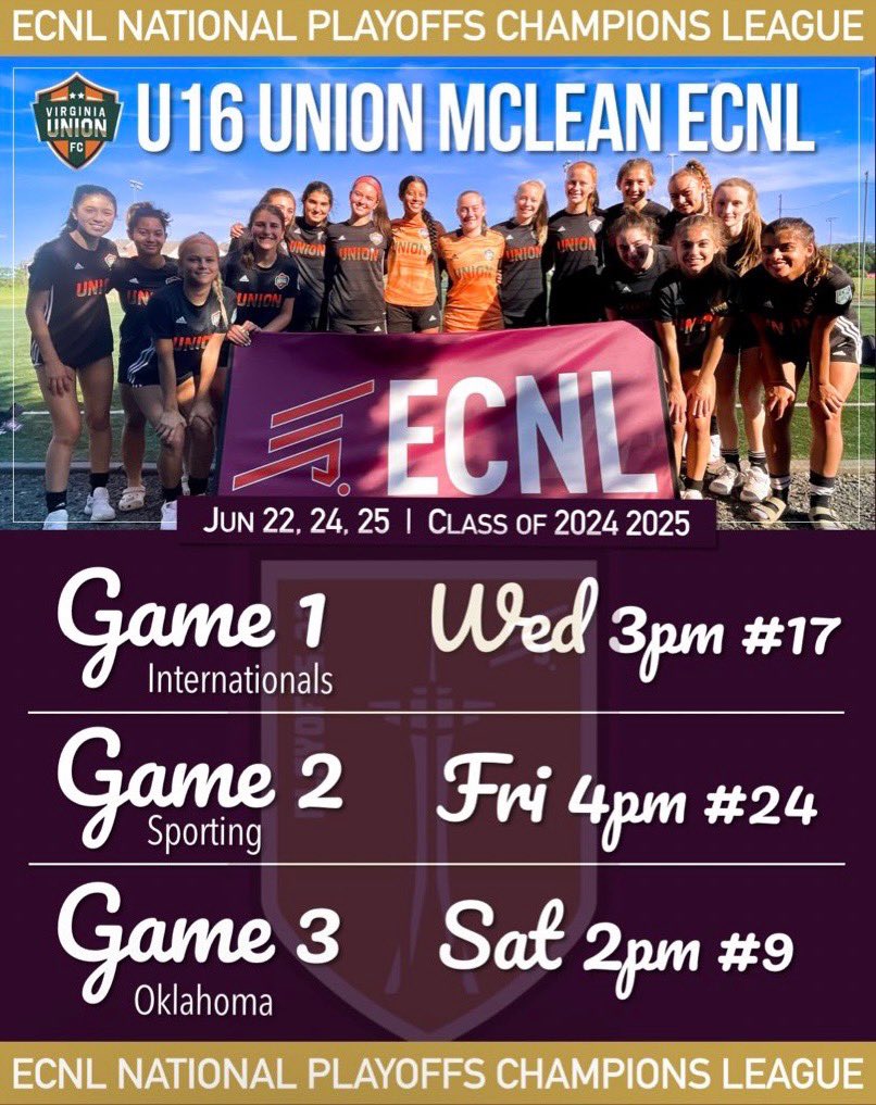 Only a few days away from an amazing experience! Excited to compete with my team at ECNL Nationals in the Champions League Division!
<a href="/ecnl06/">Union 06 ECNL (McLean)</a> @VaUnionFC <a href="/TheSoccerWire/">SoccerWire</a> <a href="/ImCollegeSoccer/">College Soccer Truth ™</a>
