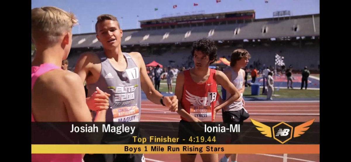 PaulRiceOU's tweet photo. Congrats to future @OaklandTrackXC Golden Grizzly @MagleyJosiah for taking the heat win in the mile at New Balance this morning. 
Was a fun race to watch!! 
Great battle down the stretch with the top 3 guys. This guy’s got some real fight in him!! https://t.co/Tg5882Oj8W