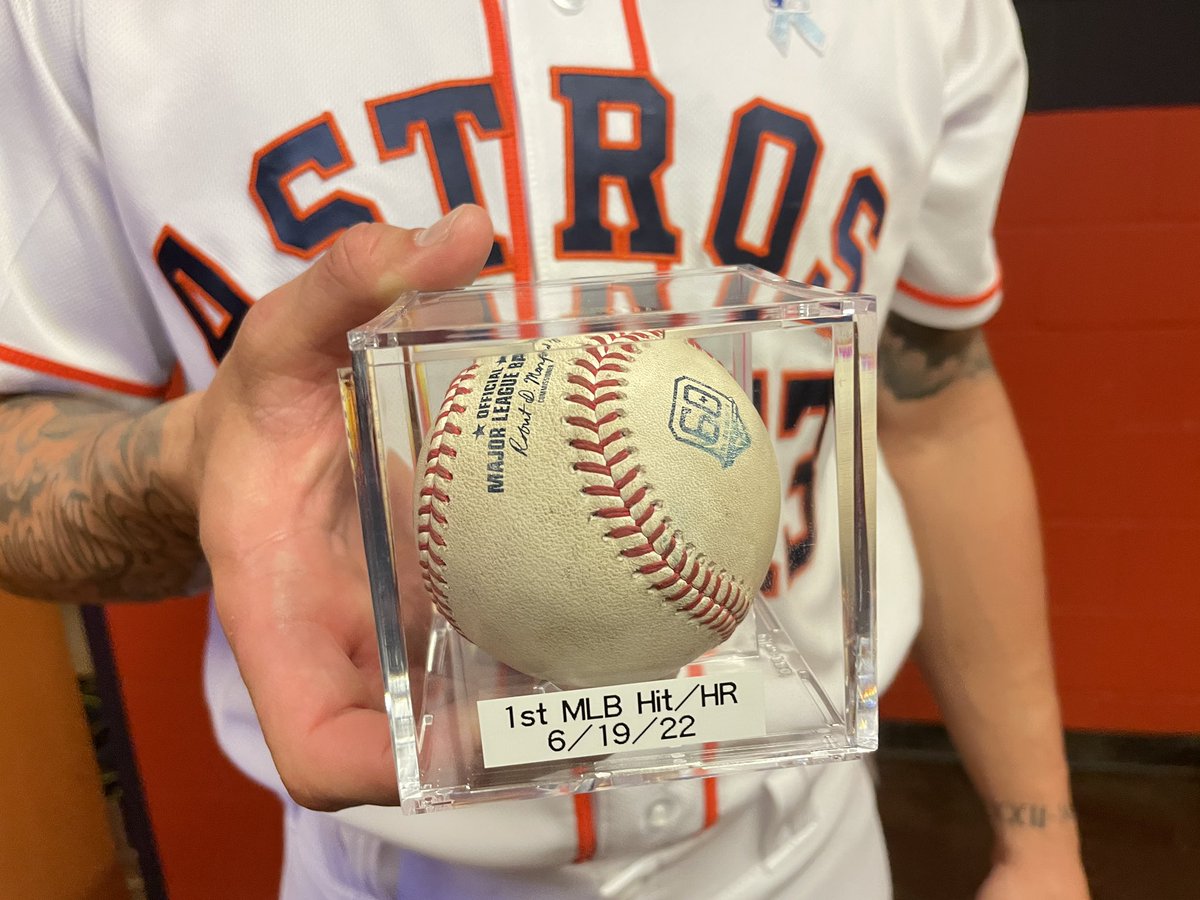 JJ Matijevic with the ball he hit for his first Major League home run which was also his first MLB hit.