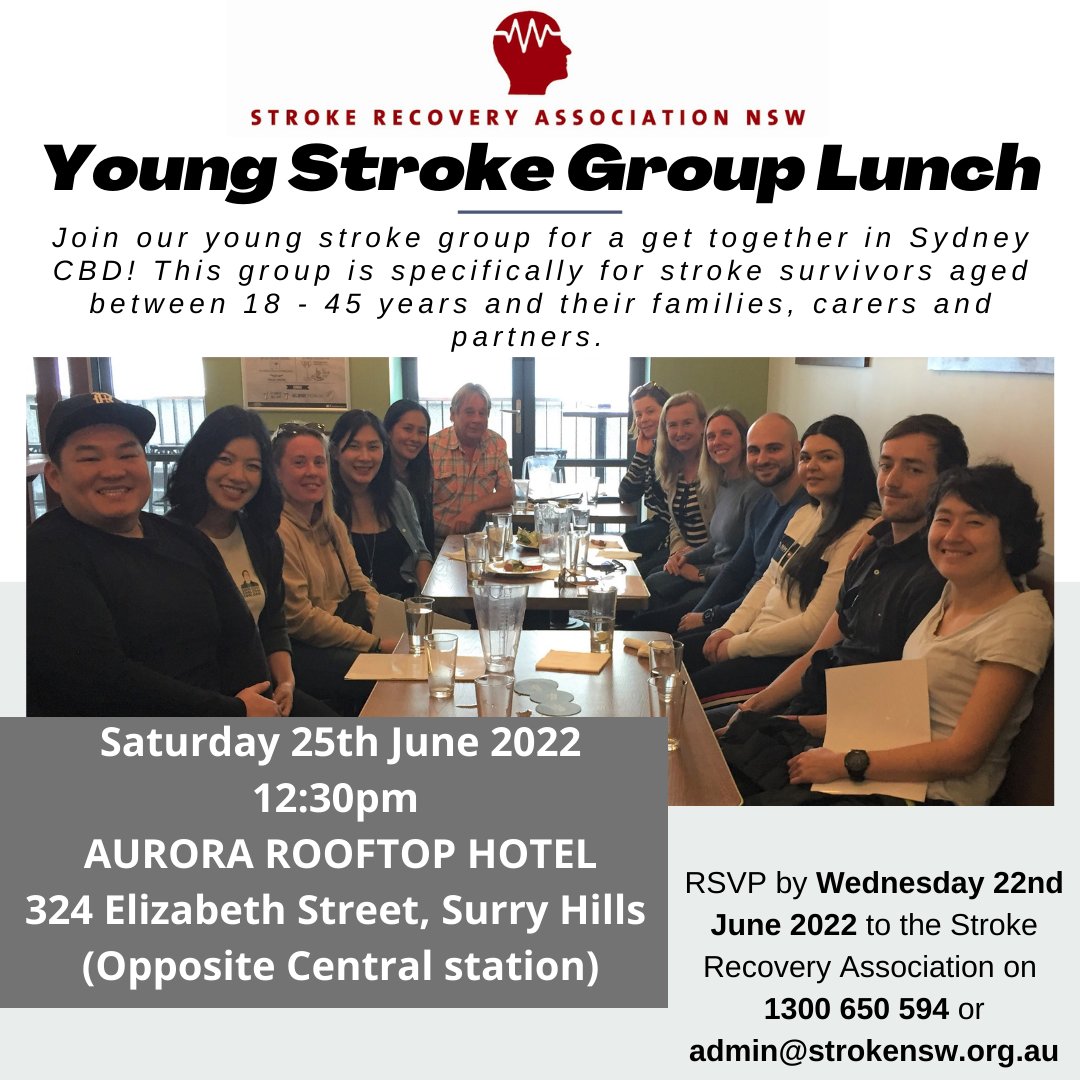 StrokeNsw's tweet photo. Upcoming Young Stroke group meeting! 
✨Saturday 25th June 2022
✨12.30 pm
✨Aurora Rooftop Hotel (324 Elizabeth Street, Surry Hills – opposite Central station)

Register on ☎ 1300 650 594 or 📨admin@strokensw.org.au.
#youngstroke #stroke #strokesurvivor #strokegroup https://t.co/kztUjPVAo8