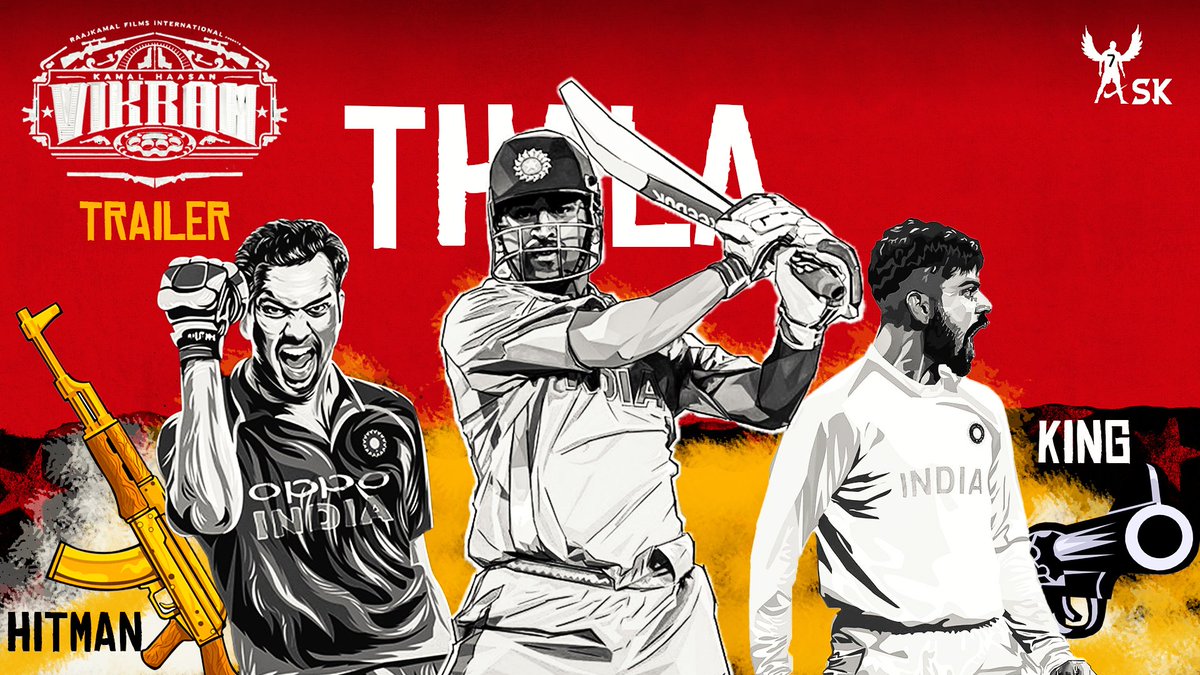 Askmsd7's tweet photo. @prasannalara  VIKRAM Trailer ft MS Dhoni, Virat Kohli, Rohit Sharma,Ashwin 😎

https://t.co/ECWD4AiRI7

My Edit 🤘 #Vikram #Dhoni #Kohli #rohit #VijaySethupathi #AnirudhRavichander #KamalHaasan #LokeshKanagaraj @Dir_Lokesh @anirudhofficial @VijaySethuOffl @RKFI @ashwinravi99 https://t.co/KBXU9lFlXF