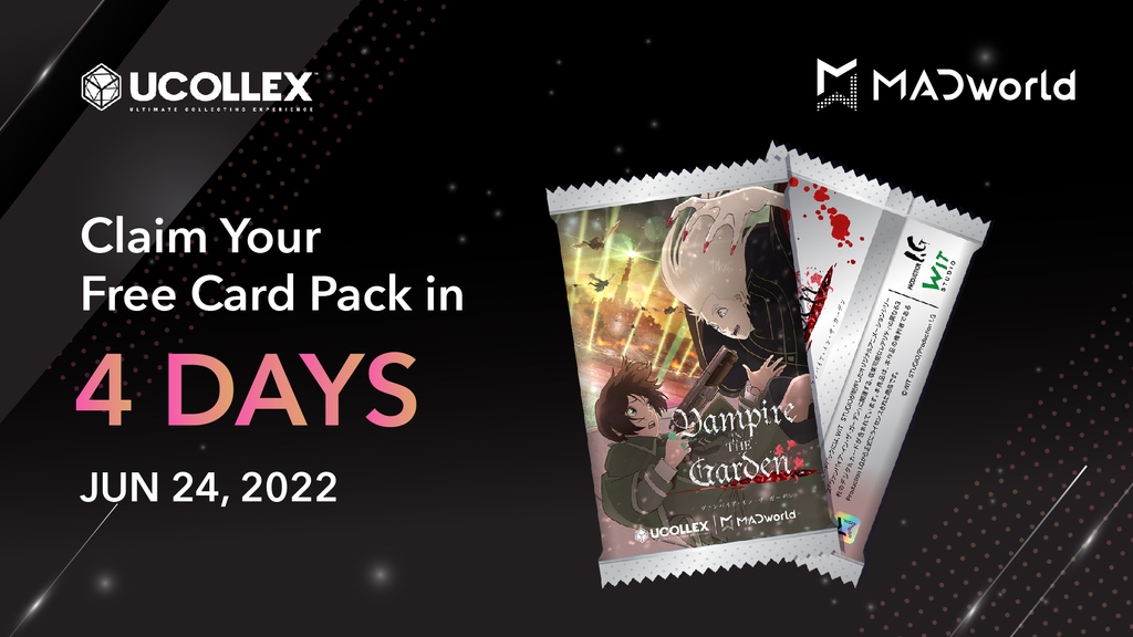 ucollex's tweet photo. Who else wished that their favorite #anime characters turn into card packs? 🤔
Sometimes dreams become a digital reality 🤗

Free card packs going live in 4️⃣ days! 👀 Make sure to follow @UCOLLEX and @MADWorld to stay notified!

#UCOLLEX #VampireintheGarden #VITG  #card #MADWorld https://t.co/x0NuJHlcSz