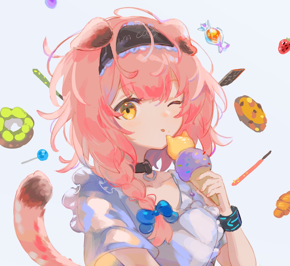 goldenglow (arknights) 1girl food animal ears tail cat ears solo one eye closed  illustration images