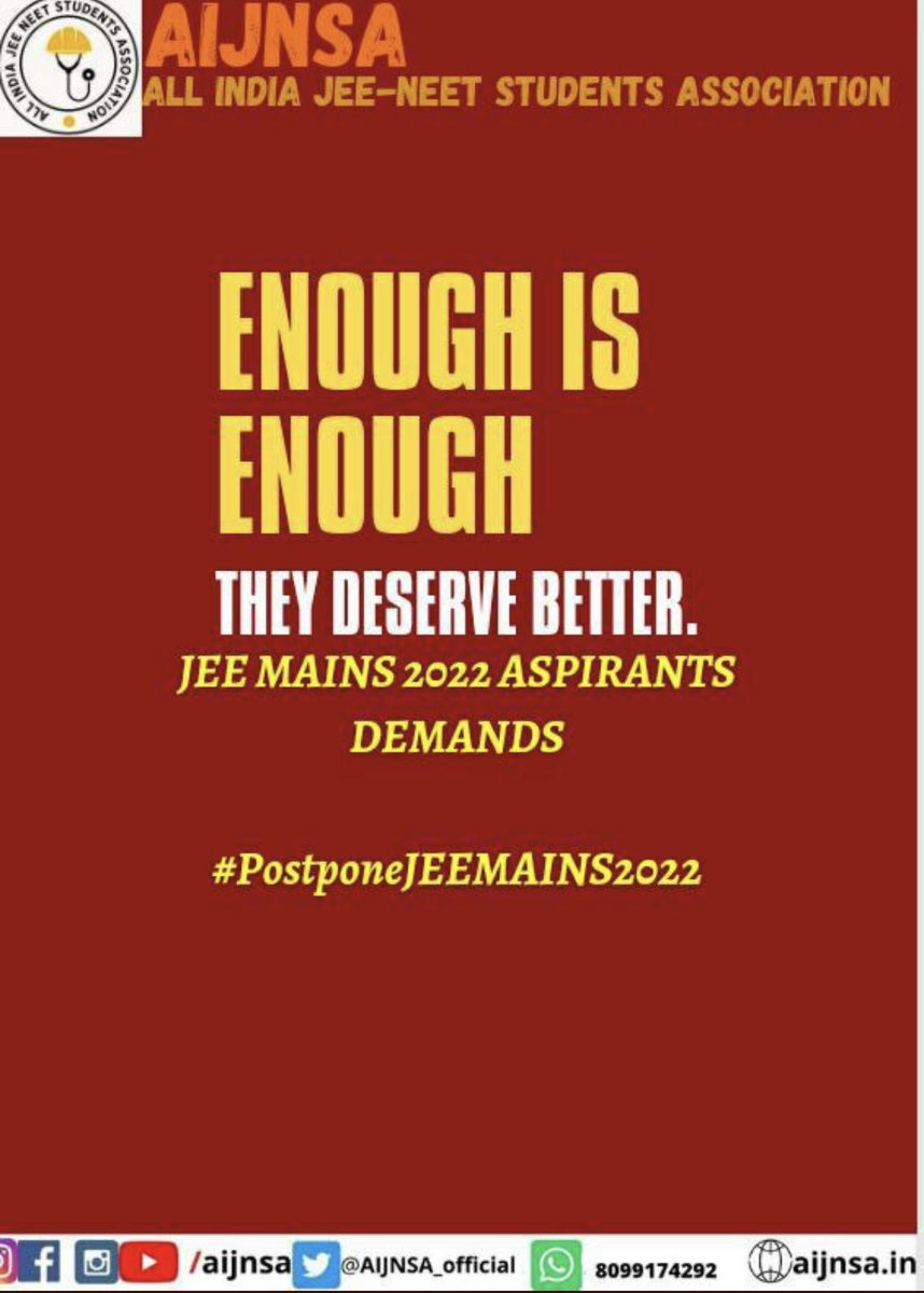 JeeMains_2022's tweet photo. Enough is enough @EduMinOfIndia @DirectorIITG @iitbombay @NIT_Jaipur @nitrourkela @DG_NTA @dpradhanbjp #Postponejeemains2022 #PostponeJEEMains #JUSTICEforNEETUG https://t.co/QfKbMUbCqX