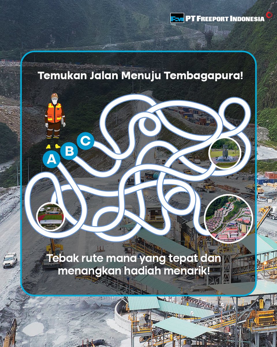 Freeporters, temukan jalan menuju Tembagapura. 10 orang pemenang terpilih dengan jawaban tepat berhak memperoleh hadiah menarik!

Baca syarat dan ketentuan selengkapnya;
1. Follow Twitter <a href="/IDFreeport/">Freeport Indonesia</a>
2. Like unggahan Twitter <a href="/IDFreeport/">Freeport Indonesia</a> yang kamu suka.