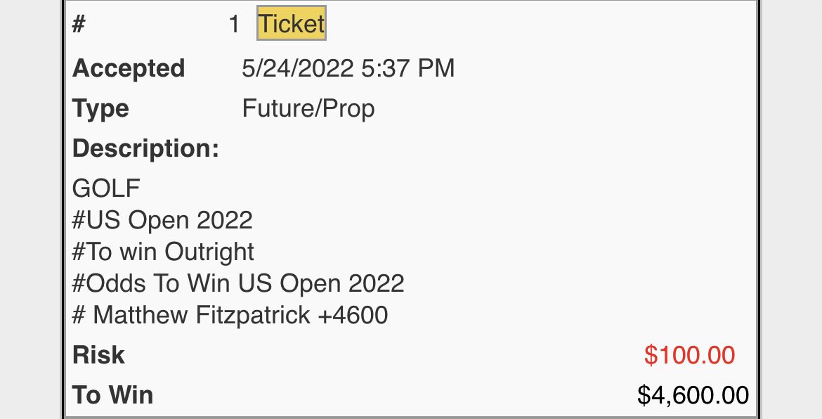 OutrightsClub's tweet photo. @JeffRatcliffe @SiriusXMFantasy @SkyHookDFS Placed on 5/24. Fitz's game/course fit were undeniable. Incredible finish. https://t.co/smty5hacyt