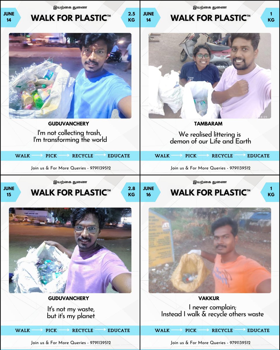 WalkForPlastic's tweet photo. Here comes the photos of 13 walks from last week June 13th - 17th, Monday to Friday ❤️
#walkforplastic #plasticrecycle #Chennai #tamilnadu #plasticpollution #plastic_payanam #plasticrecycle #oceanawareness #nature #environment #stoplittering https://t.co/uVFKJA4gHT