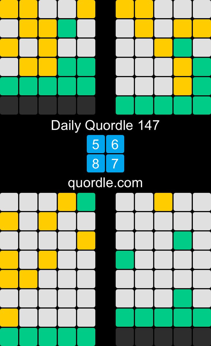 Daily Quordle 147
5️⃣6️⃣
8️⃣7️⃣
quordle.com