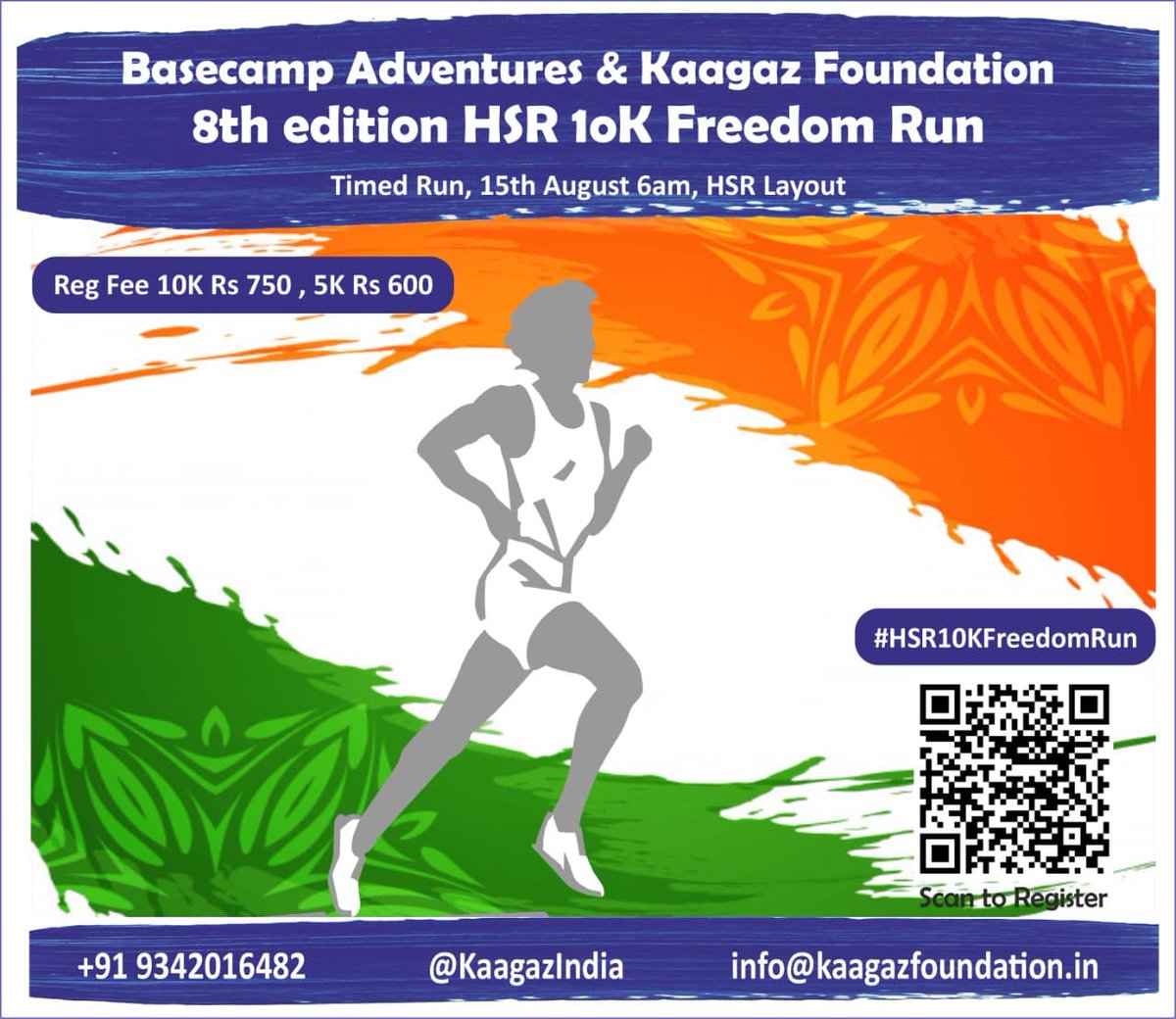 KaagazIndia's tweet photo. Celebrate 75 Years of Independence  with #HSR10KFreedomRun wear the Tricolor with Pride, Run for India! Yes #HSR10KFreedomRun is back after 2year gap, check link for registration - https://t.co/3aGpPwNjkQ 

#RunningEvent #Bengaluru #Runs #Marathon #Fitness #WomenRunners #Runners https://t.co/9ICIFcZwAn