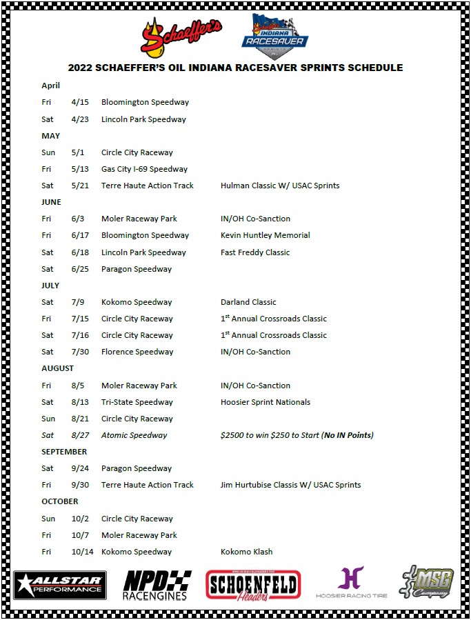 Indiana RaceSaver Sprints on Twitter "Updated Schedule as of June