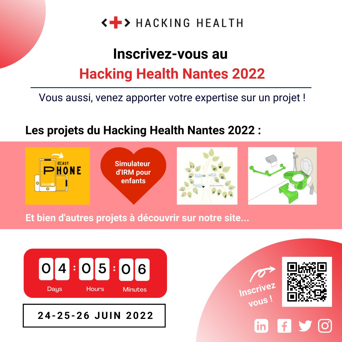 Venez contribuer à améliorer la santé de demain !
Que vous soyez étudiant, professionnel ou en recherche d'emploi, vous avez quelque chose à apporter !
Inscrivez-vous vite : hhnantes2022.sciencesconf.org
Plus d'infos sur notre site : hacking-health.org/nantes/
